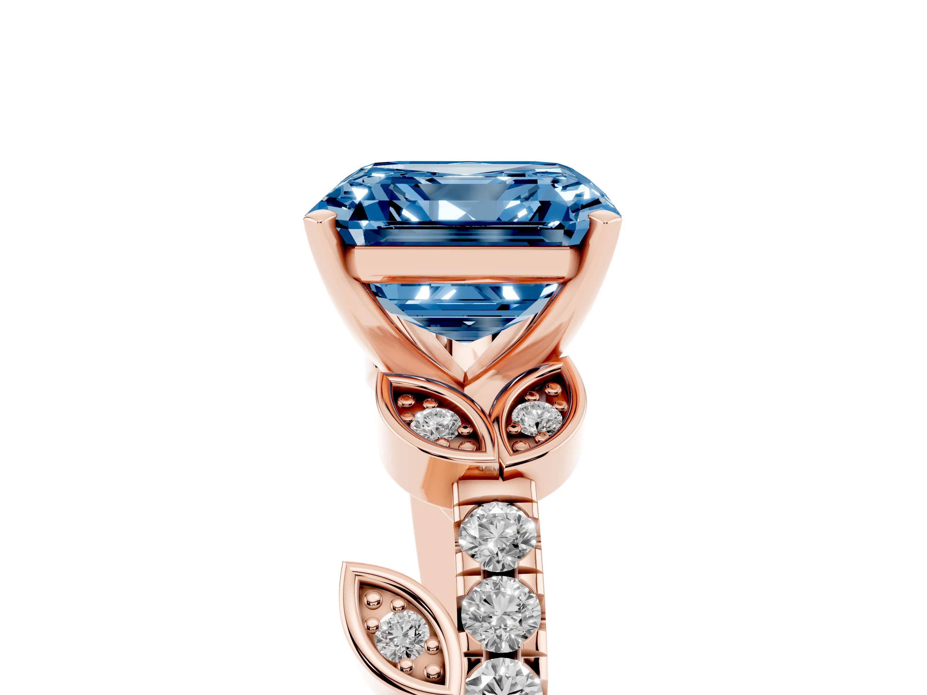 Fancy Blue Asscher Cut Diamond Solitaire Leaf-Inspired Ring Set in Rose gold with Pavé Band and Prong Setting