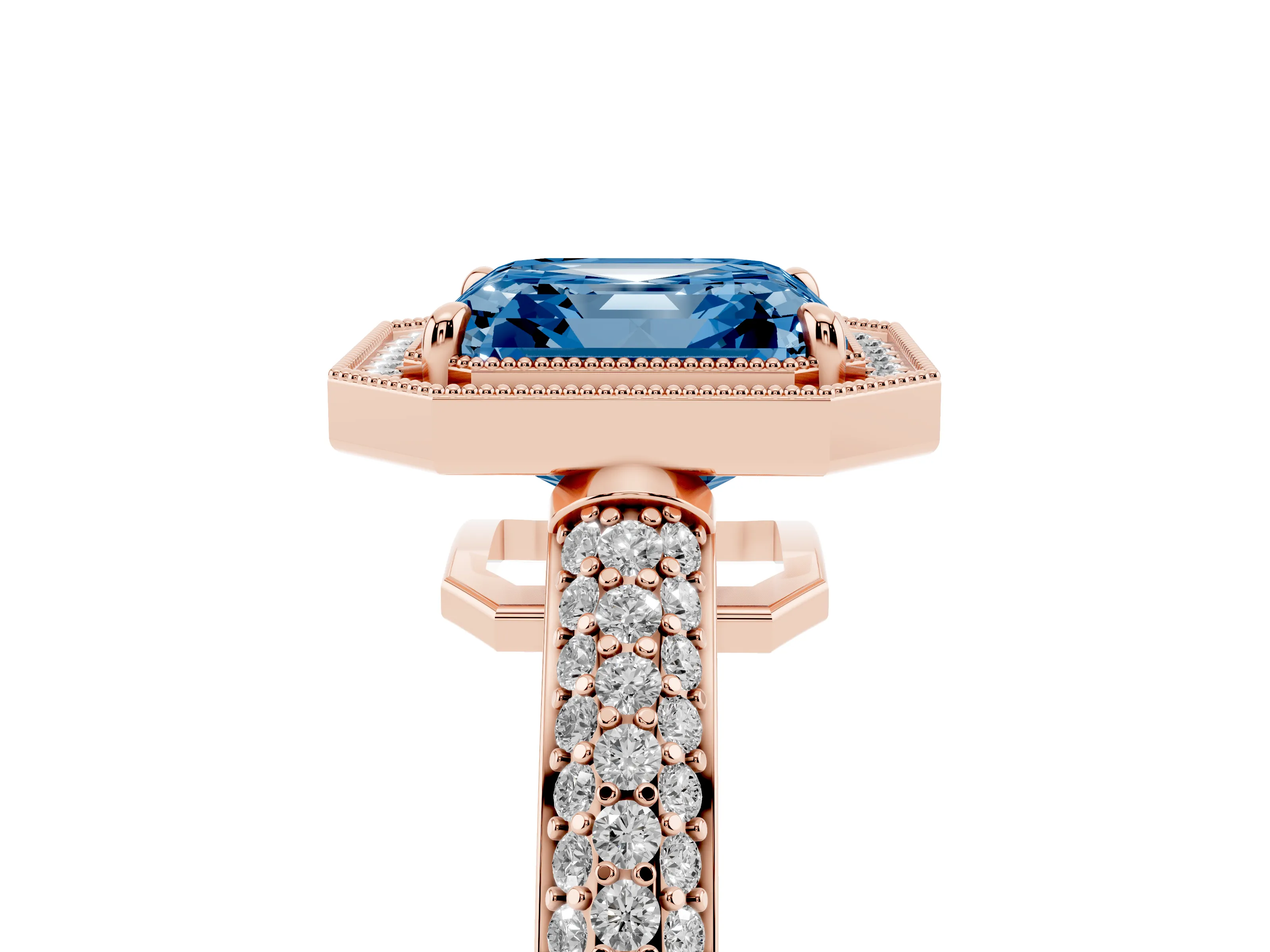 Fancy Blue Asscher Cut Diamond Halo Pavé Band Set in Rose gold with Prong Setting