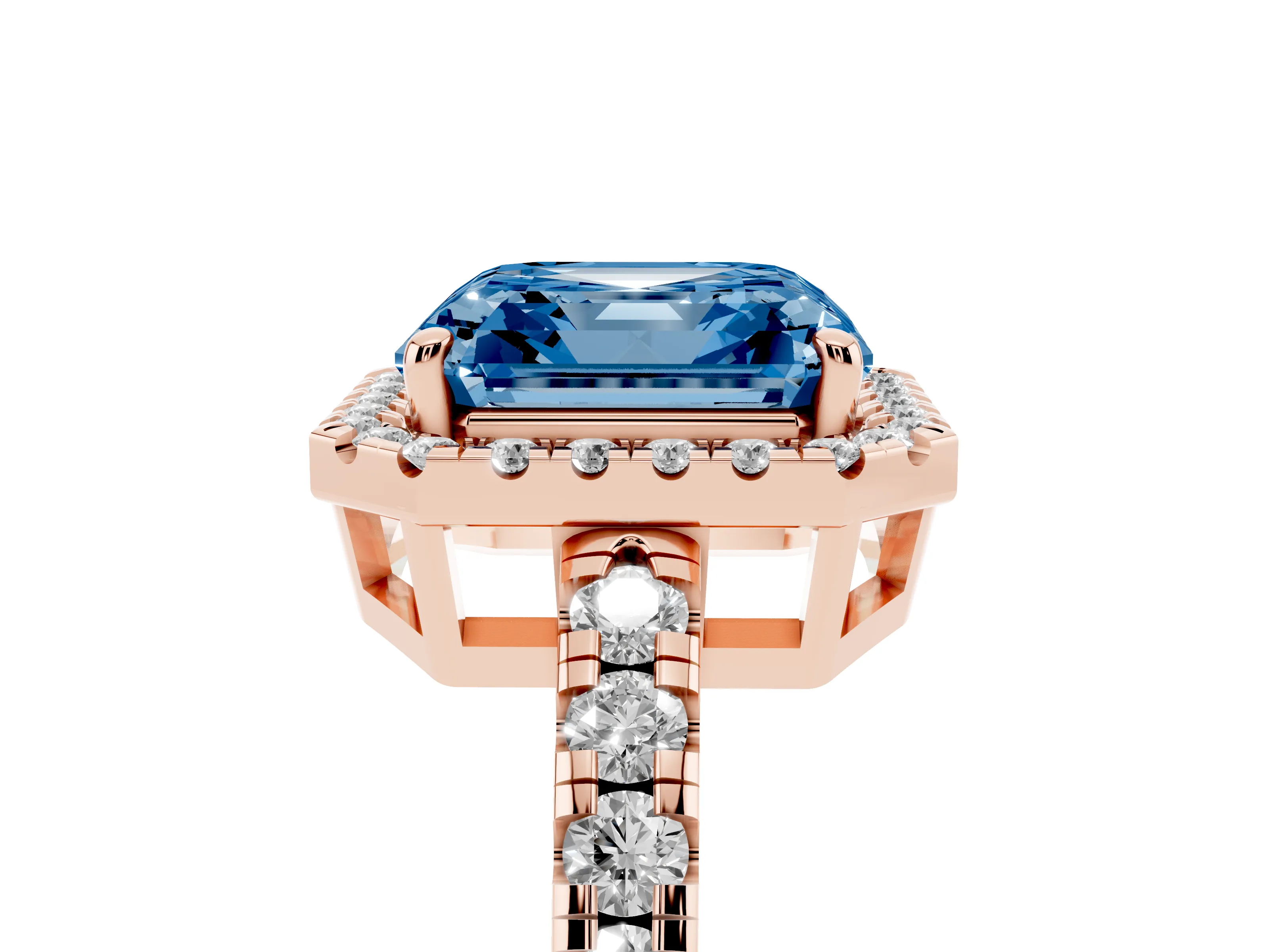 Fancy Blue Asscher Cut Diamond Halo Ring Set in Rose gold with Delicate Pavé Band and Prong Setting