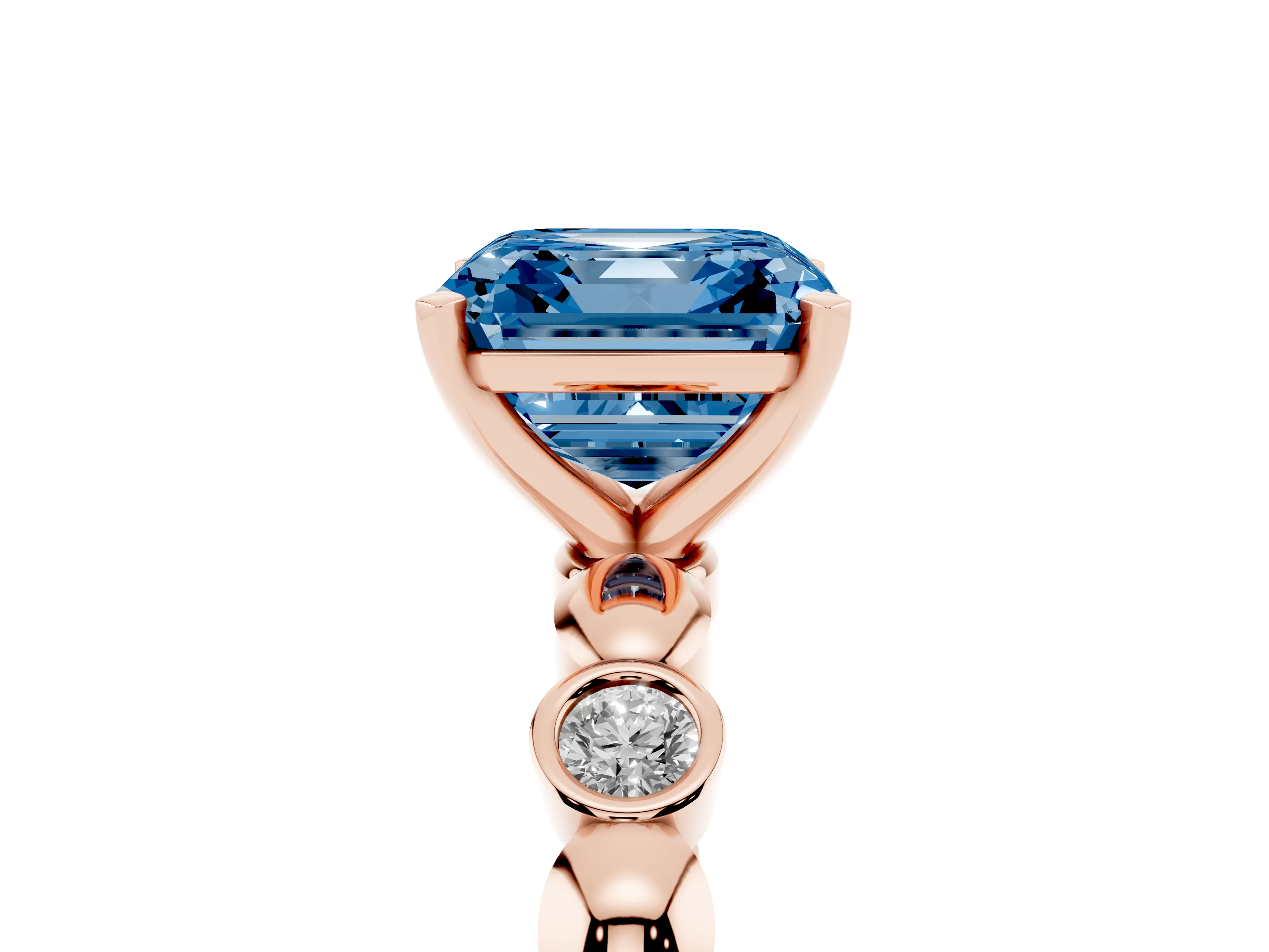 Fancy Blue Asscher Cut Diamond Solitaire Ring Set in Rose gold with Bezel-Set Accents on Beaded Band and Prong Setting