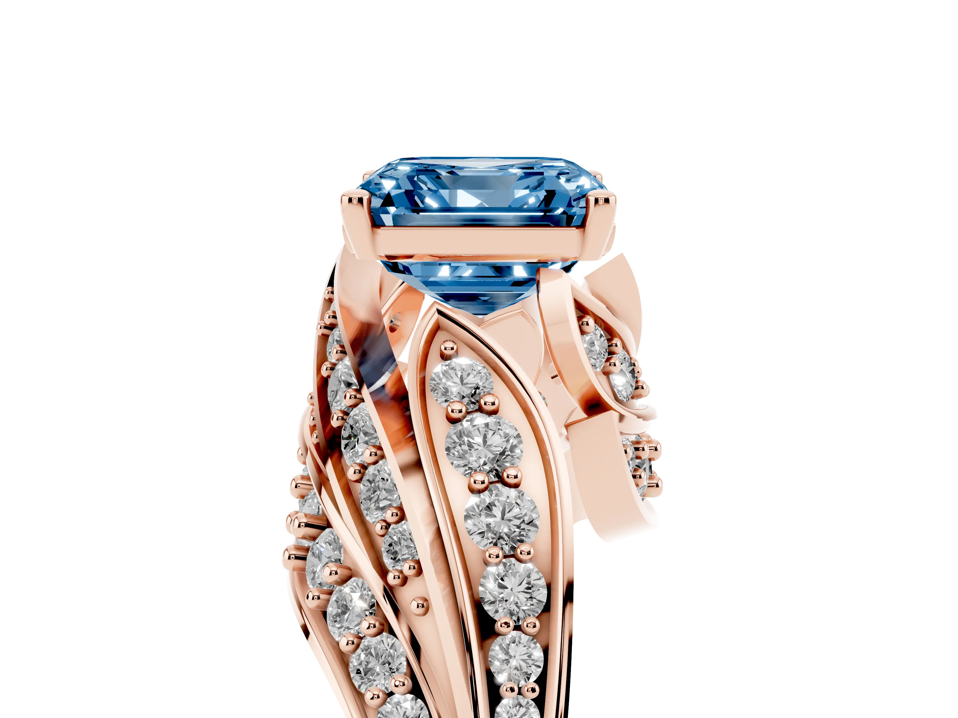 Fancy Blue Asscher Cut Diamond Solitaire Ring Set in Rose gold with Layered Twist Pavé Band