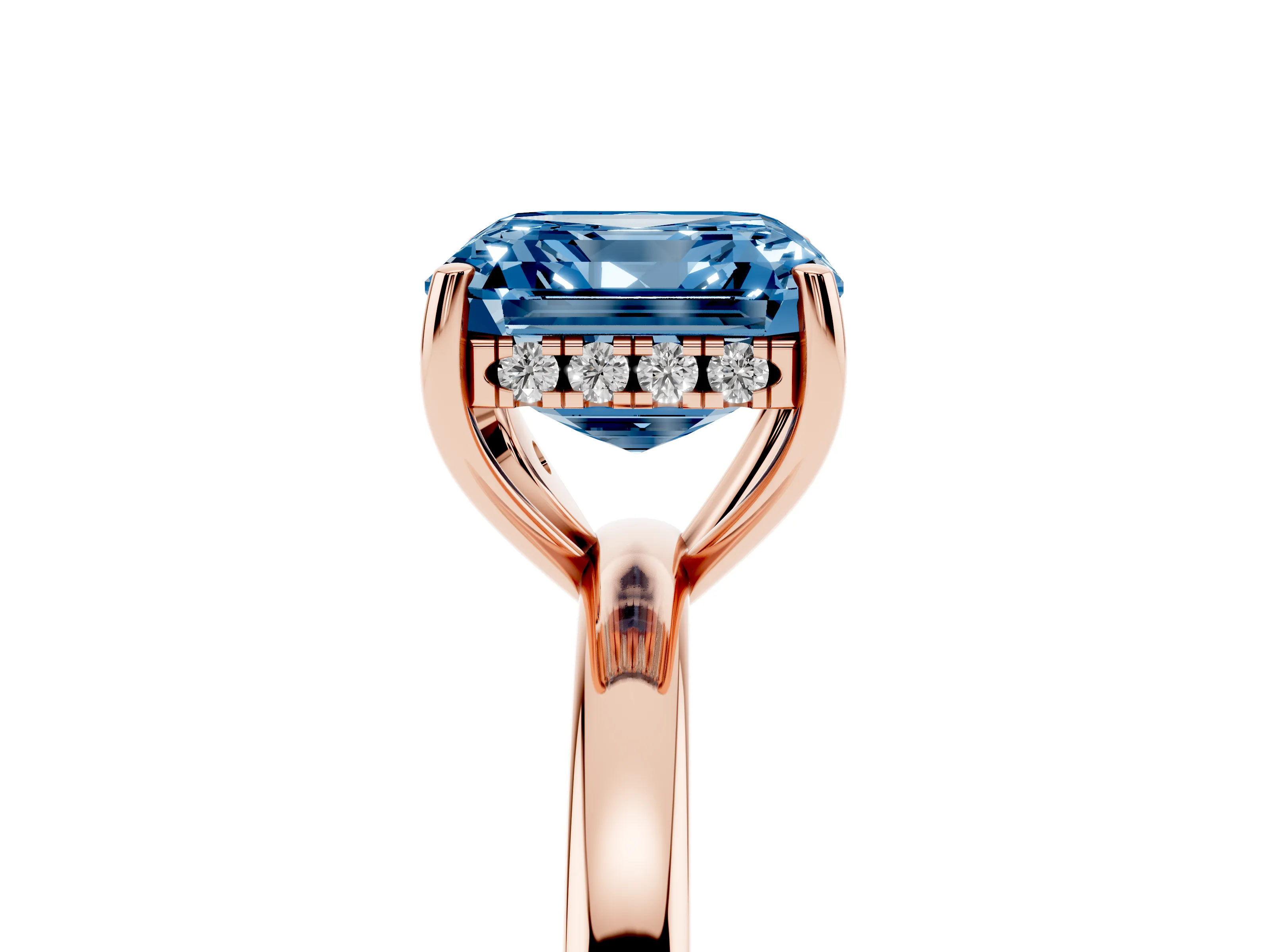 Fancy Blue Asscher Cut Diamond Solitaire Ring Set in Rose gold with Plain Band and Prong Setting