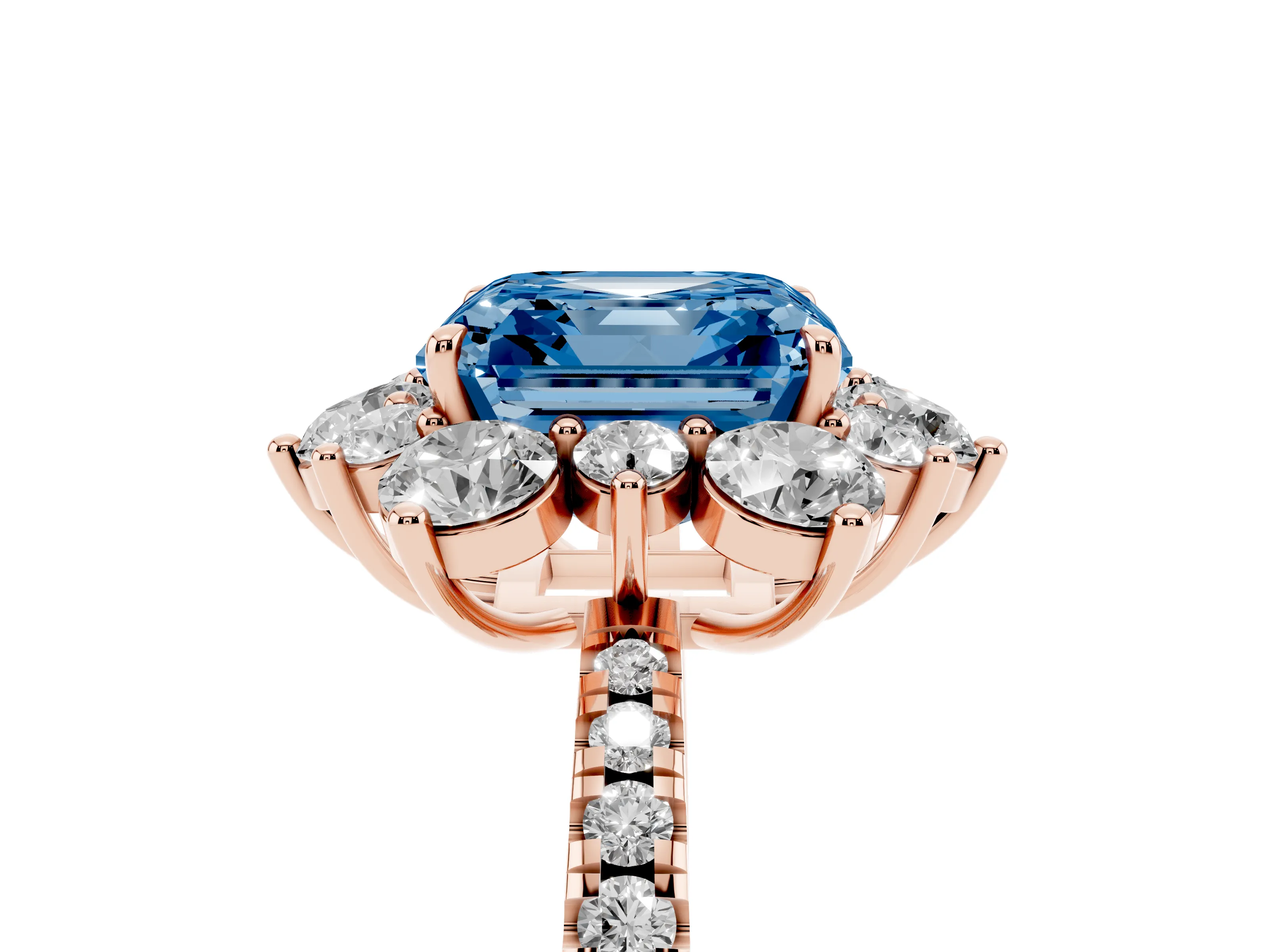 Fancy Blue Asscher Cut Diamond Floral Halo Ring Set in Rose gold with Round Pavé Band and Prong Setting