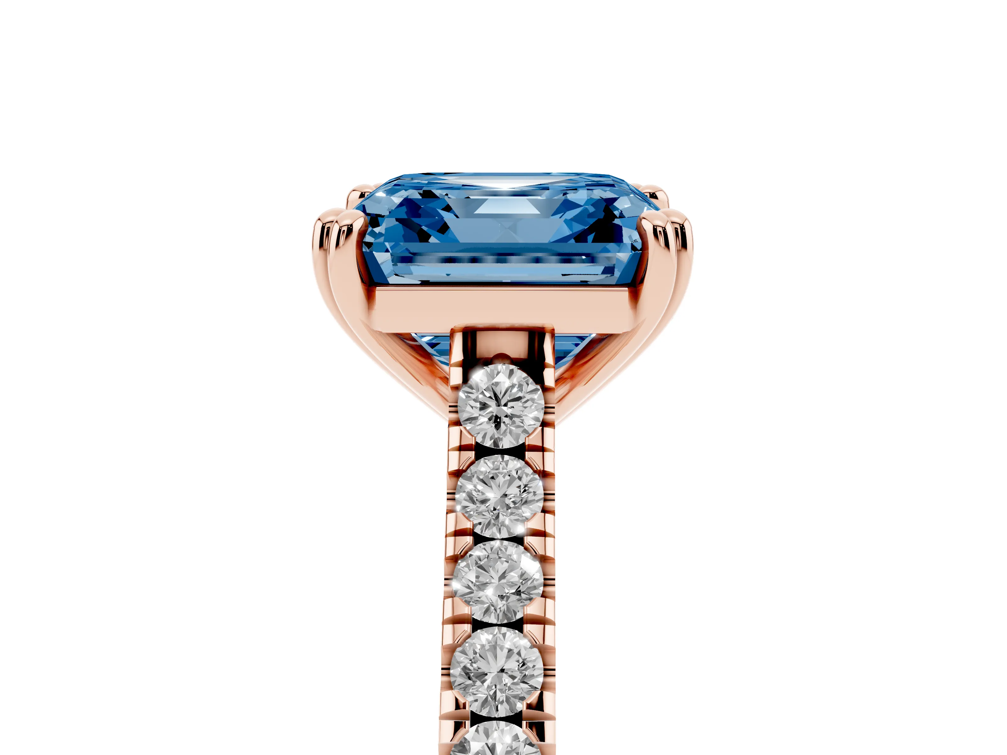 Fancy Blue Asscher Cut Diamond Solitaire Engagement Ring Set in Rose gold with Pavé Accents and Prong Setting