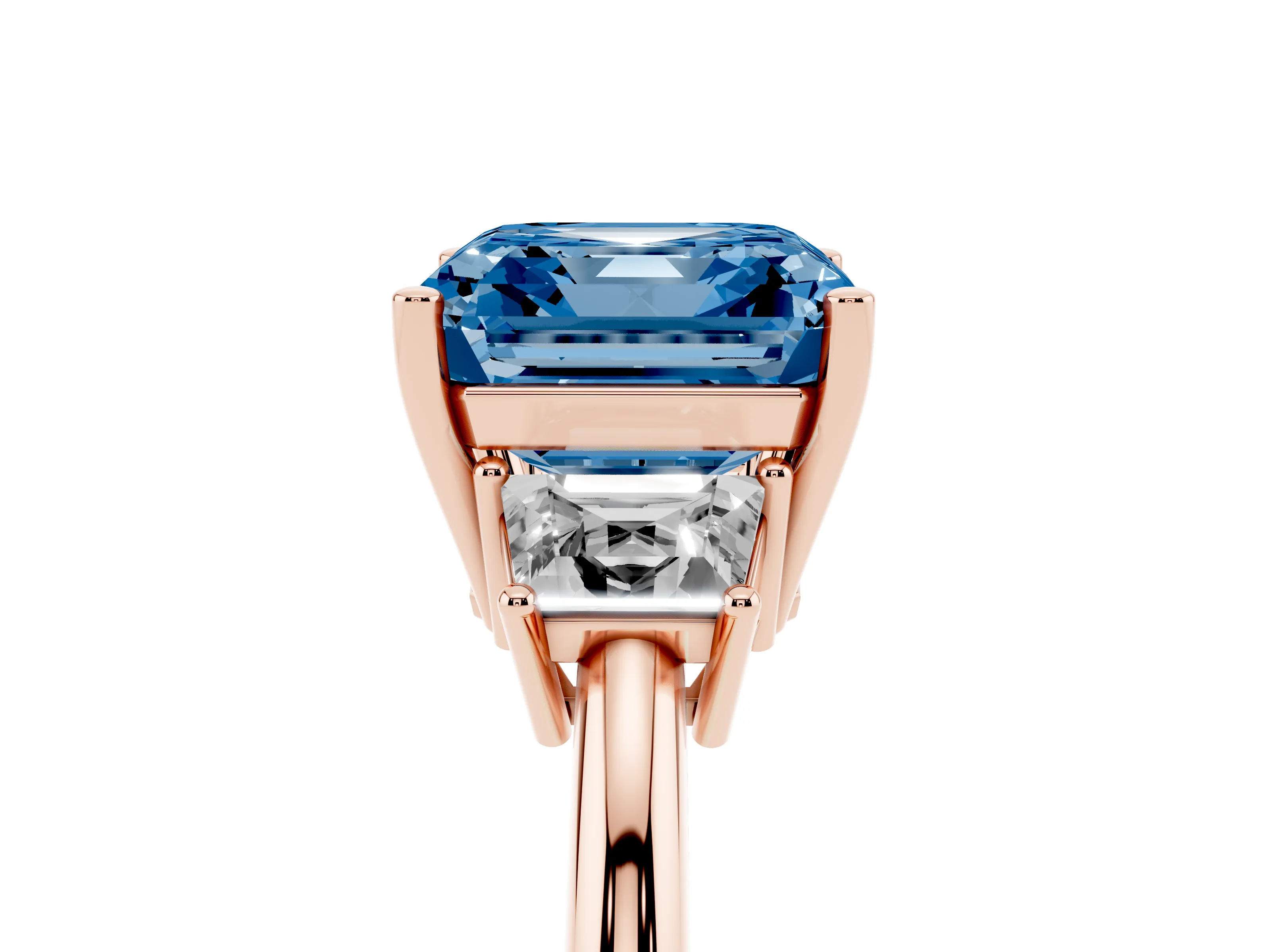 Fancy Blue Asscher Cut Diamond Three-Stone Ring Set in Rose gold with Trapezoid Side Stones and Prong Setting