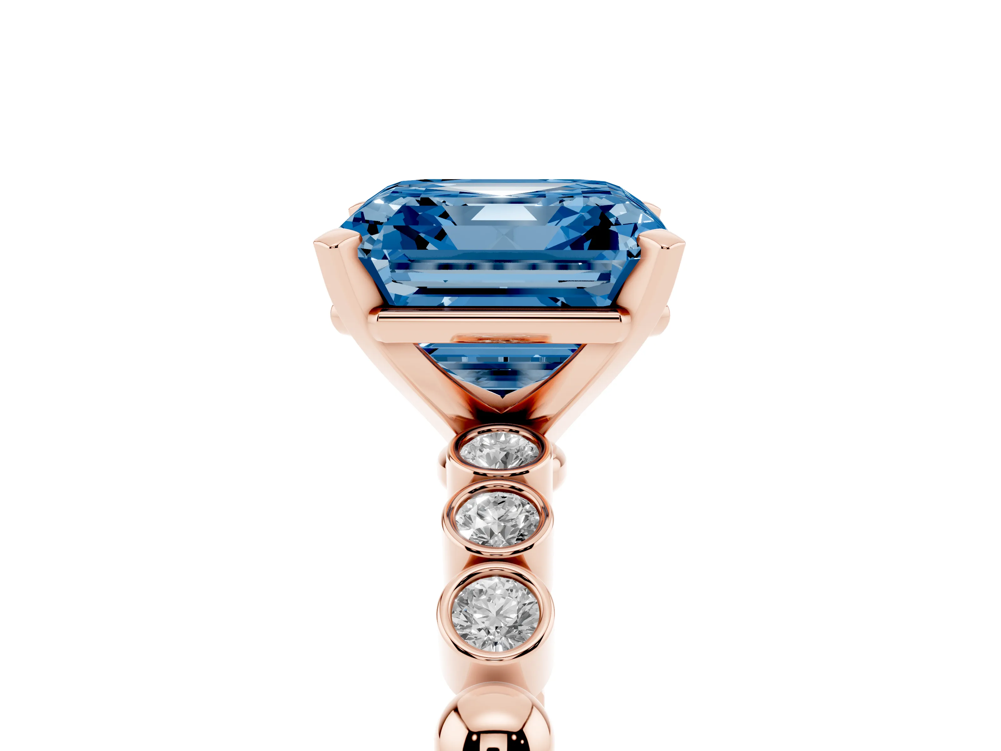 Fancy Blue Asscher Cut Diamond Solitaire Engagement Ring Set in Rose gold with Bezel Accents on Beaded Band