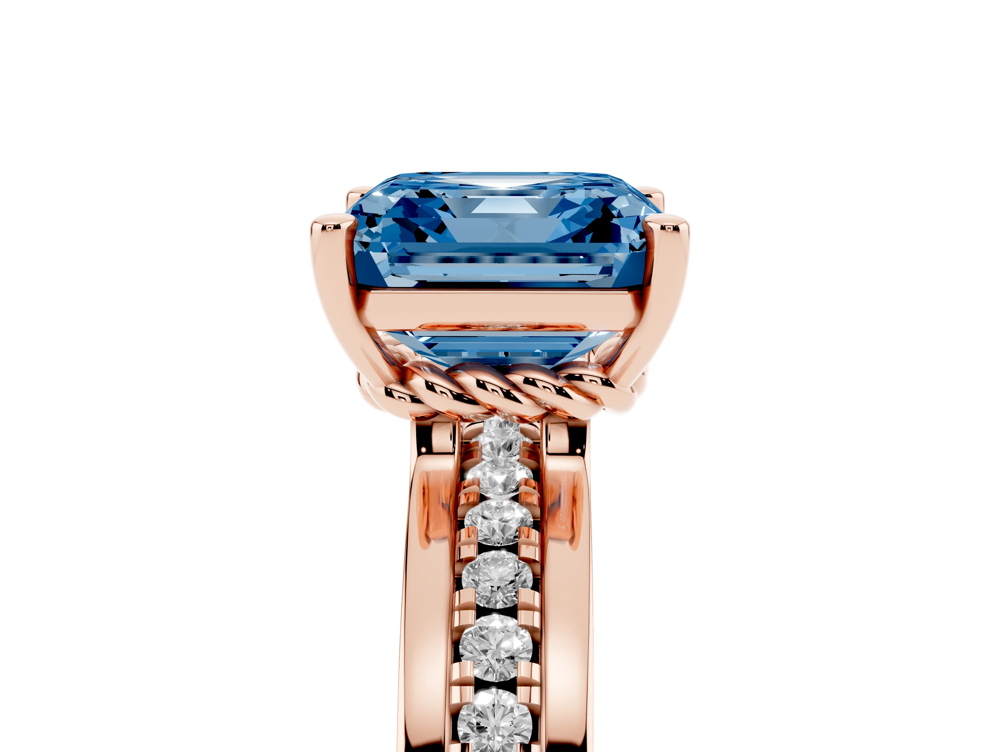 Fancy Blue Asscher Cut Diamond Solitaire Ring Set in Rose gold with Channel Set Band and Prong Setting
