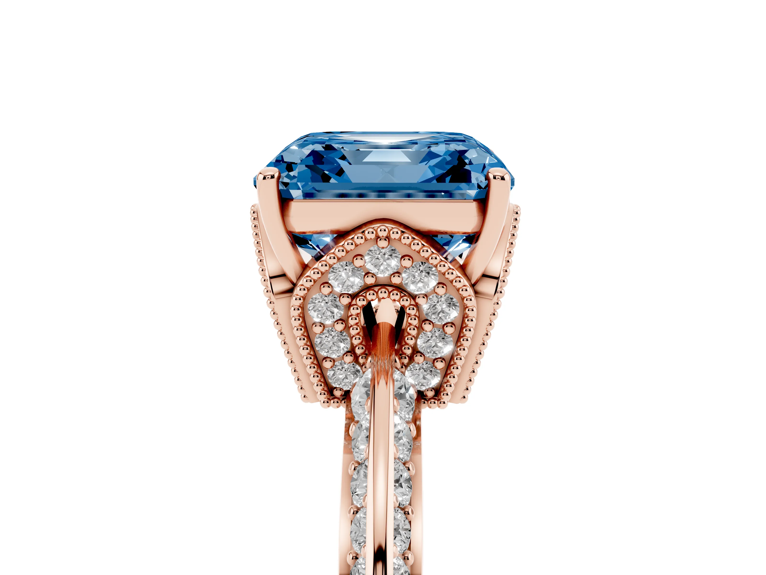 Fancy Blue Asscher Cut Diamond Solitaire Engagement Ring Set in Rose gold with Pavé Split Shank and Prong Setting