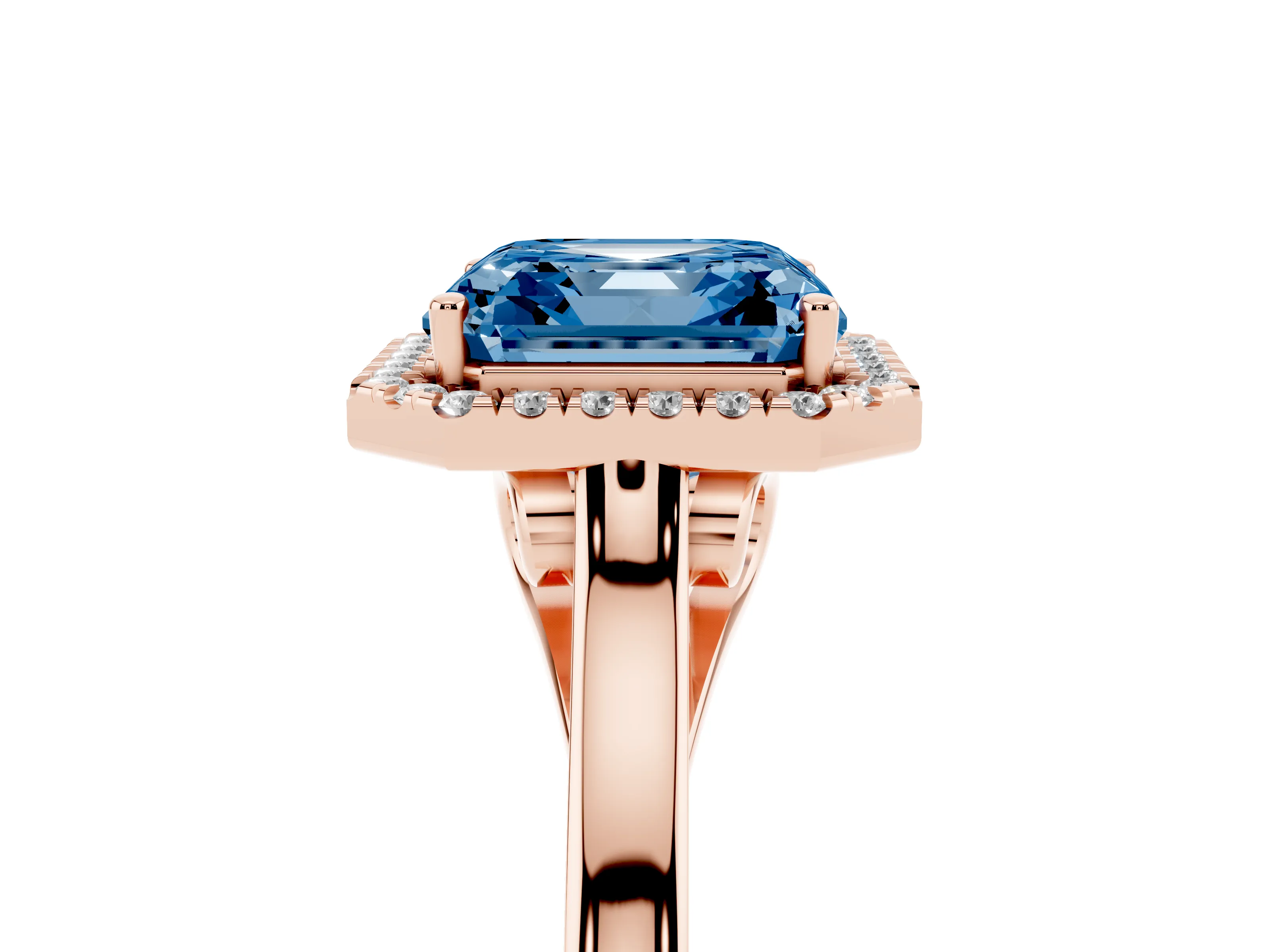Fancy Blue Asscher Cut Halo Round Diamond Solitaire Ring Set in Rose gold with Pavé Band and Prong Setting