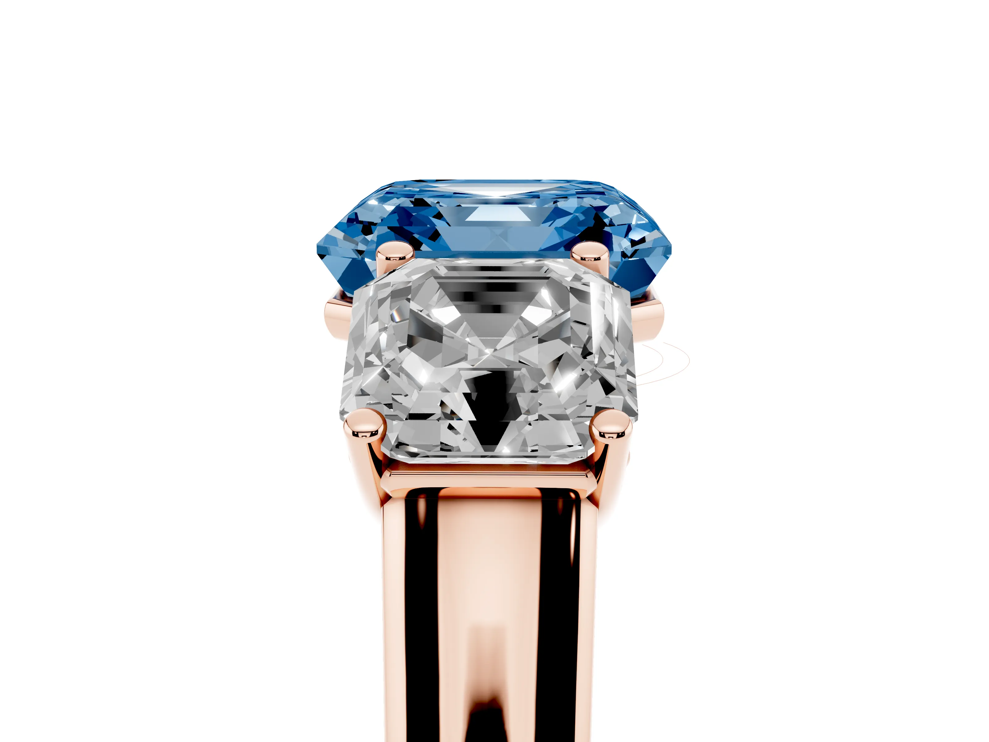 Fancy Blue Asscher Cut Diamond Three-Stone Ring Set in Rose gold with Plain Polished Band