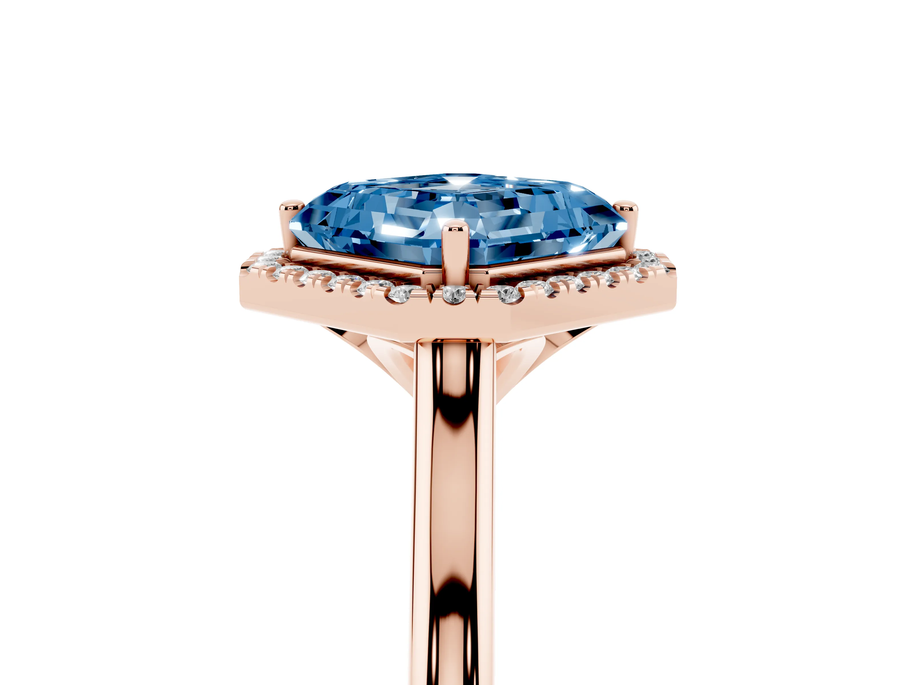 Fancy Blue Asscher Cut Diamond Halo Engagement Ring Set in Rose gold with Pavé Band and Rising Shoulders
