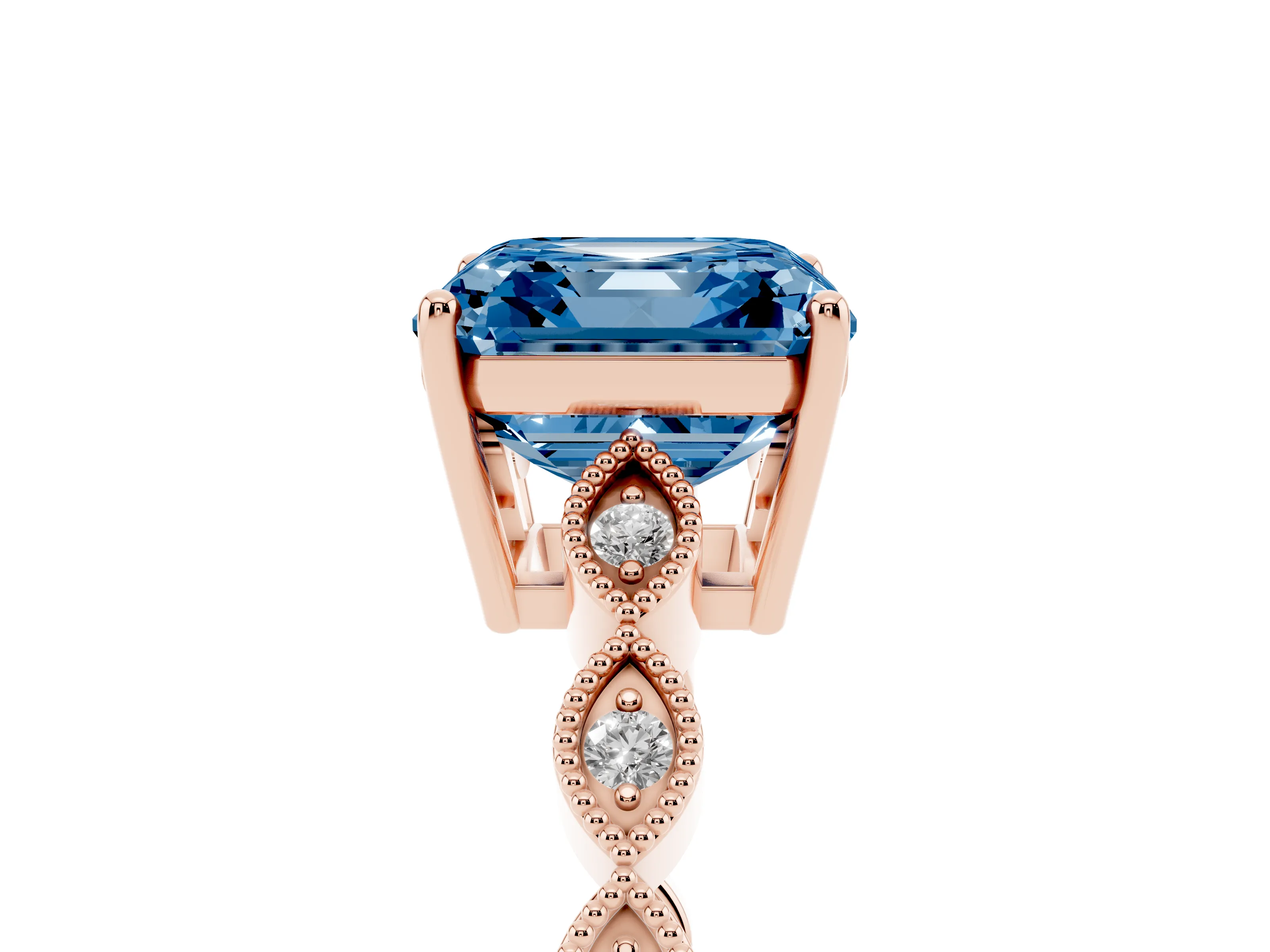 Fancy Blue Asscher Cut Diamond Solitaire Ring Set in Rose gold with Infinity Twist Pavé Band