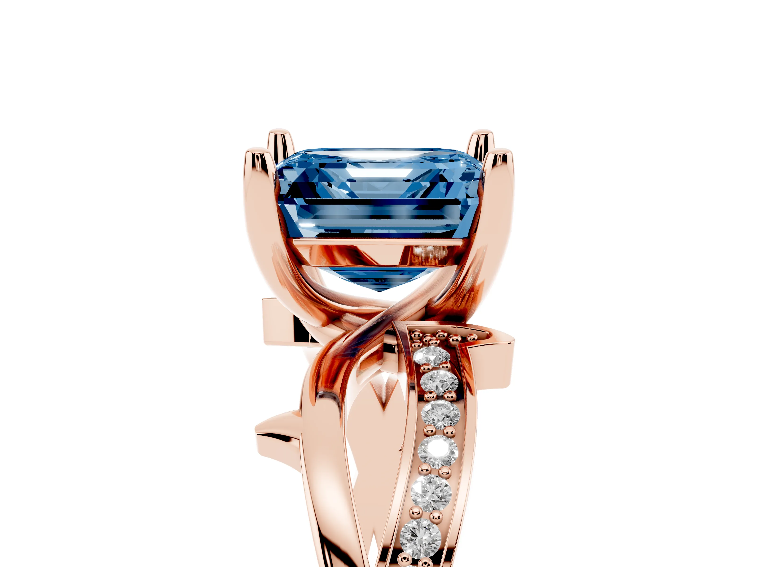 Fancy Blue Asscher Cut Diamond Pavé Twist Band Solitaire Ring Set in Rose gold with Prong Setting