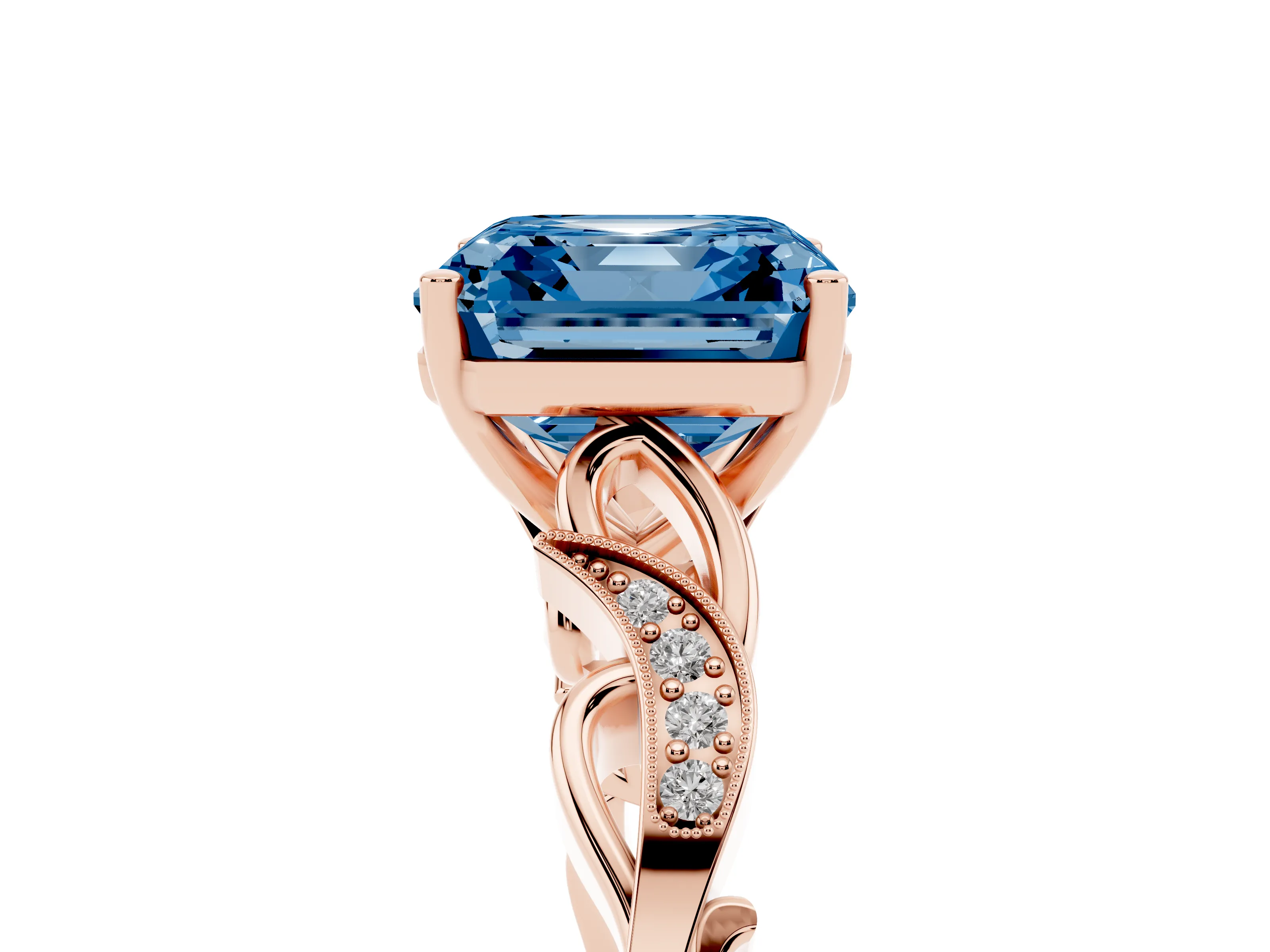 Fancy Blue Asscher Cut Diamond Vine Band Solitaire Ring Set in Rose gold with Milgrain Prong Setting