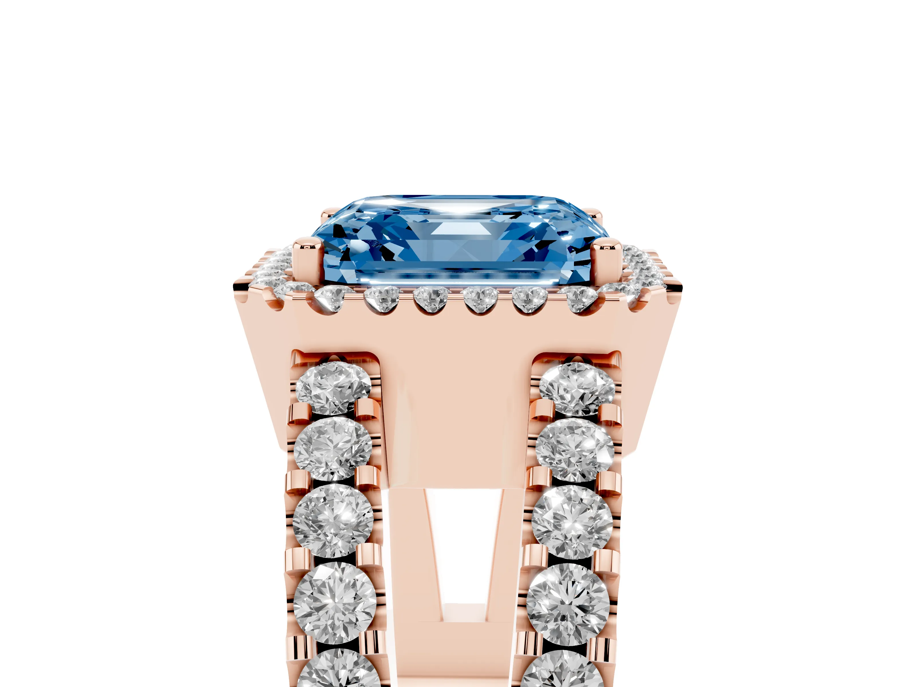 Fancy Blue Asscher Cut Diamond Halo Ring Set in Rose gold with Pavé Split Shank and Prong Setting