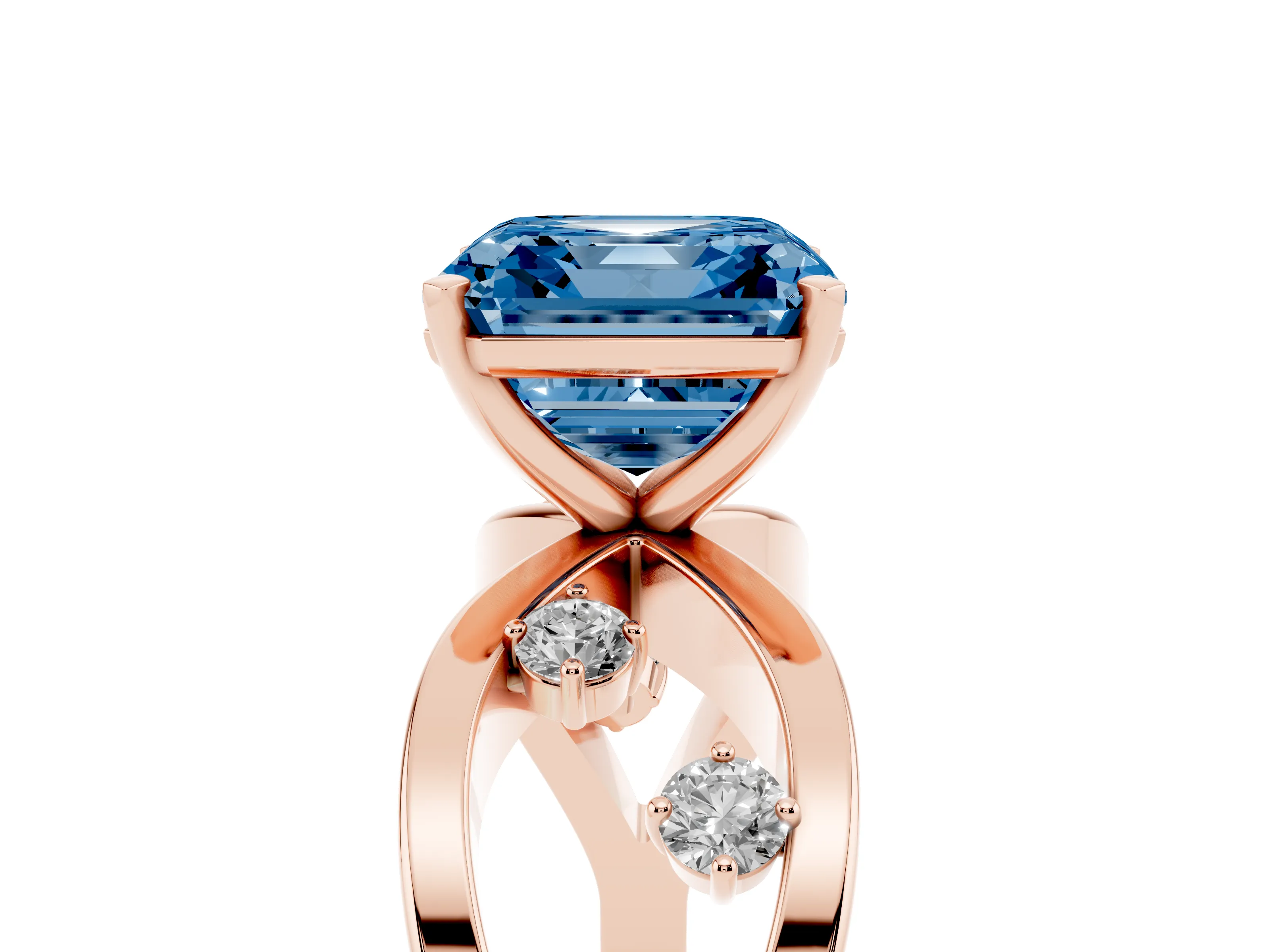 Fancy Blue Asscher Cut Diamond Solitaire Ring Set in Rose gold with Side Stones on Criss-Cross Band and Prong Setting