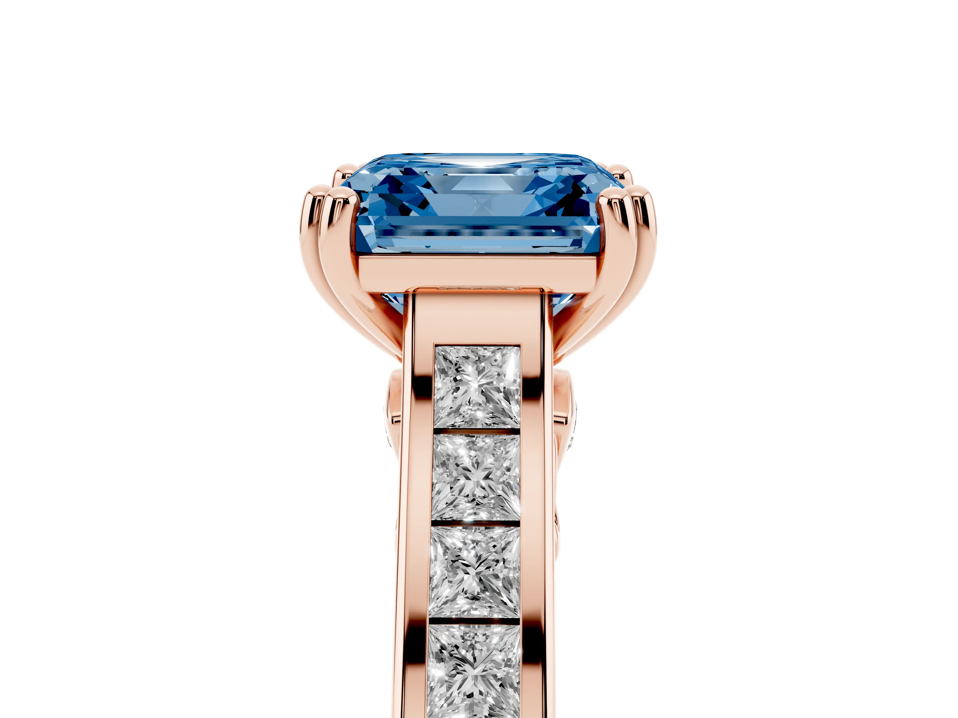 Fancy Blue Asscher Cut Diamond Channel Set Solitaire Engagement Ring Set in Rose gold with Prong Setting
