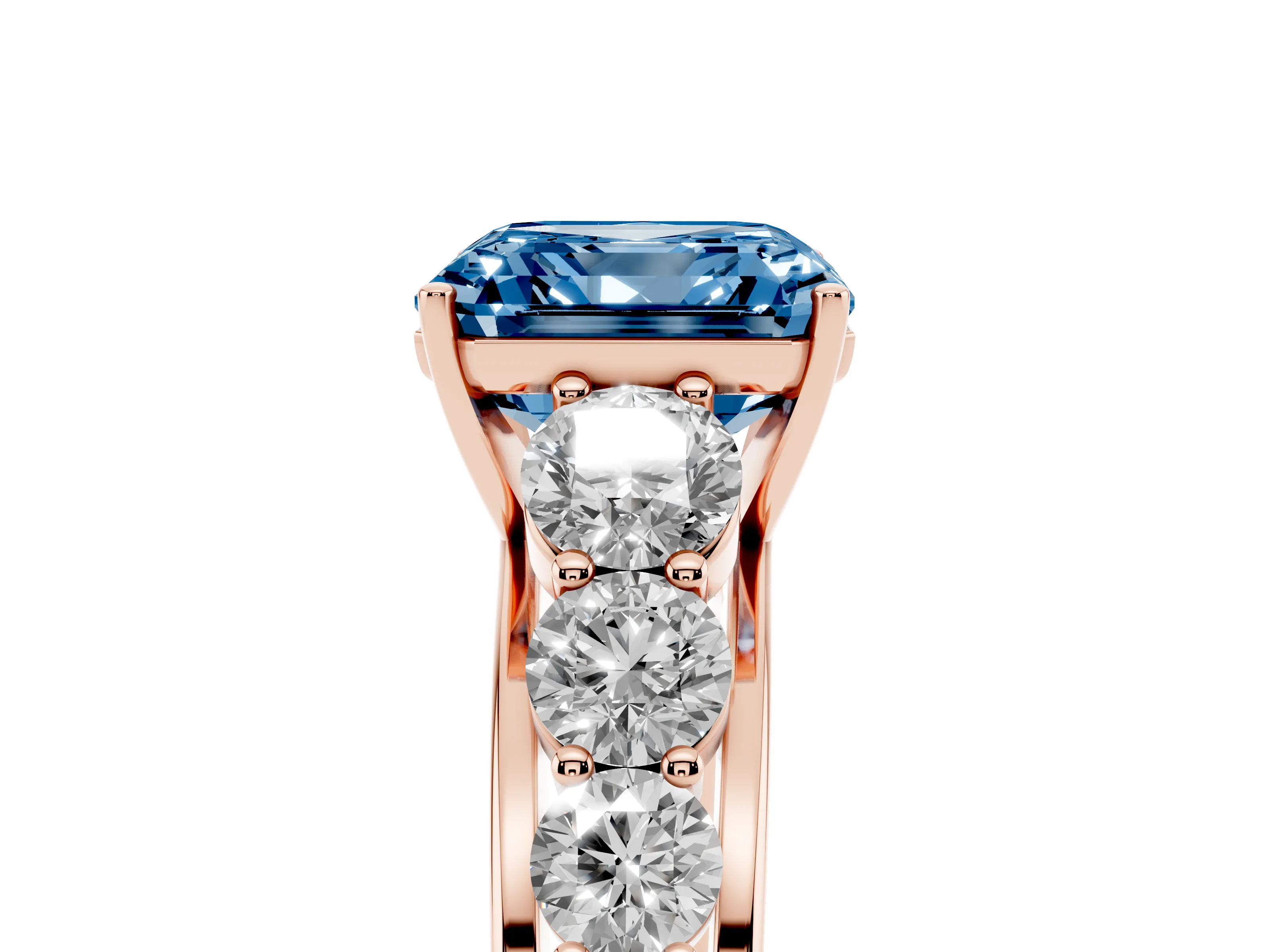 Fancy Blue Asscher Cut Diamond Solitaire Ring Set in Rose gold with Pavé-Set Band and Prong Setting
