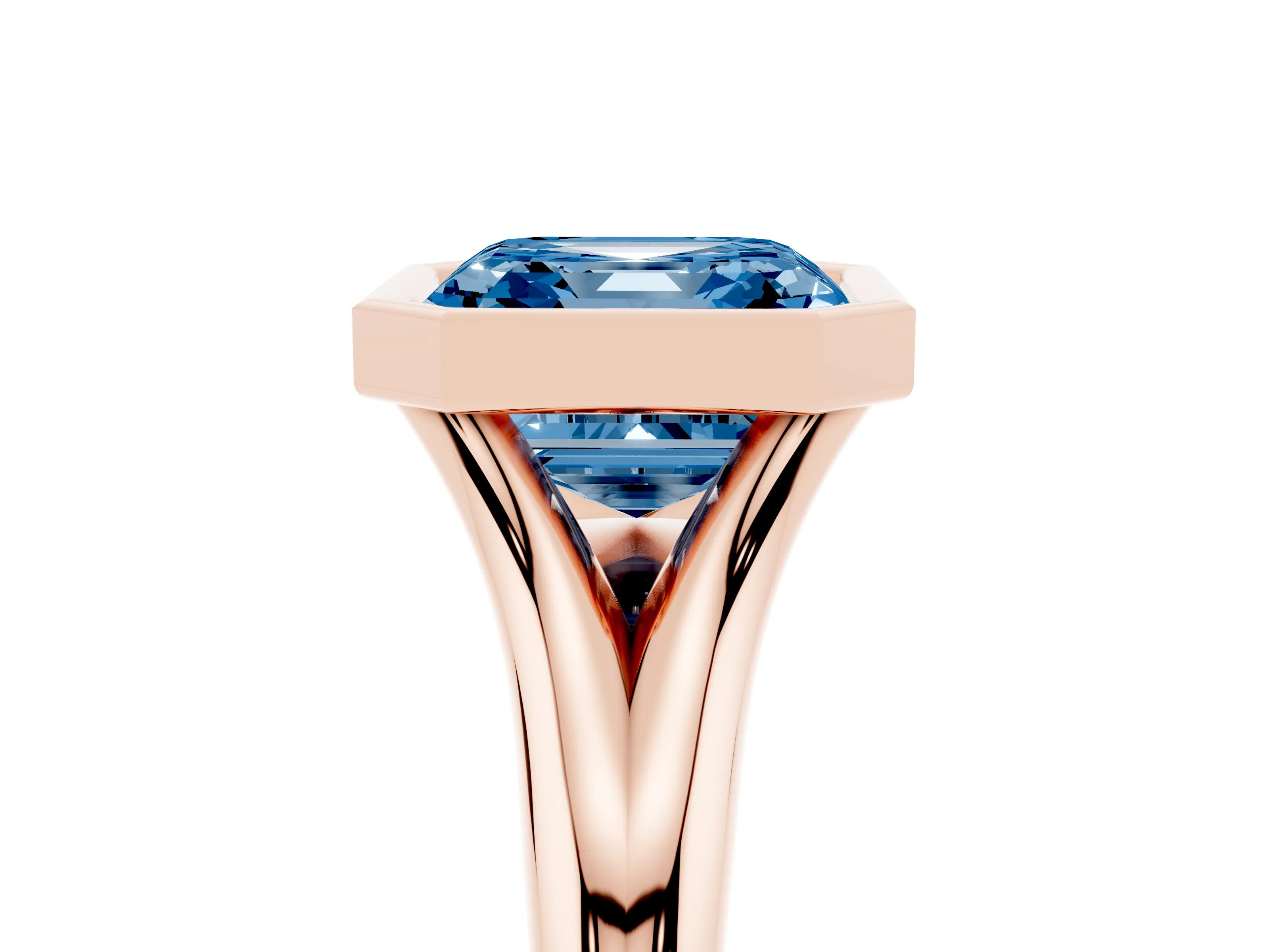 Fancy Blue Bezel Set Asscher Cut Diamond Solitaire Ring Set in Rose gold with Smooth Band
