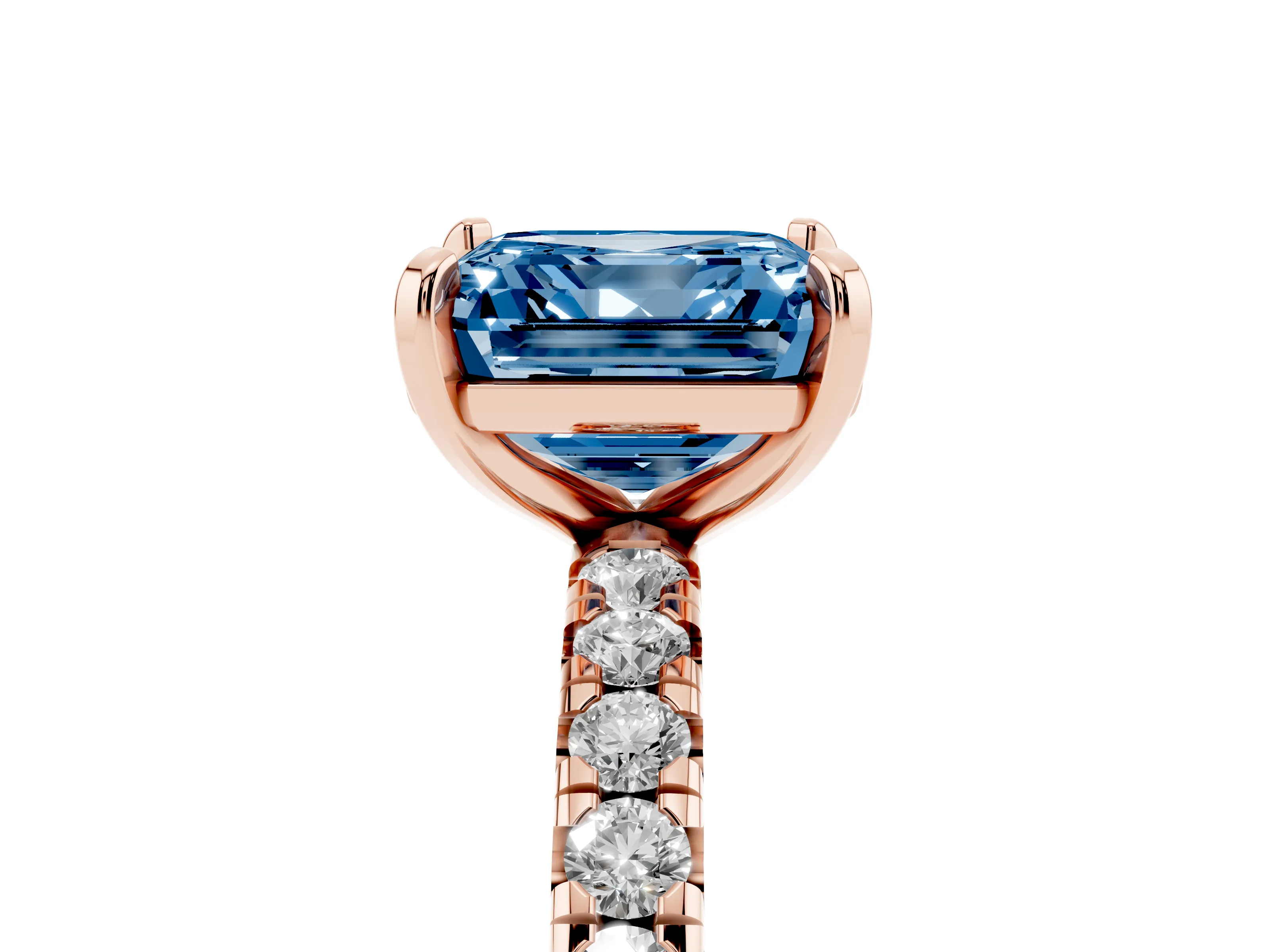Fancy Blue Asscher Cut Diamond Pavé Solitaire Ring Set in Rose gold with Round Band and Prong Setting