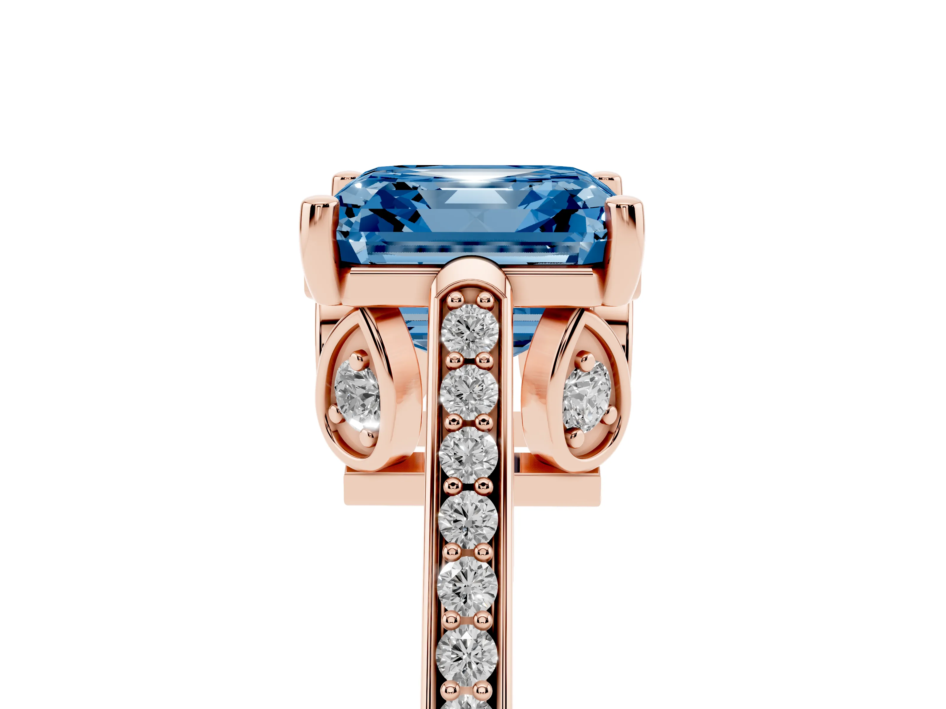 Fancy Blue Asscher Cut Diamond Cathedral Pavé Engagement Ring Set in Rose gold with Prong Setting