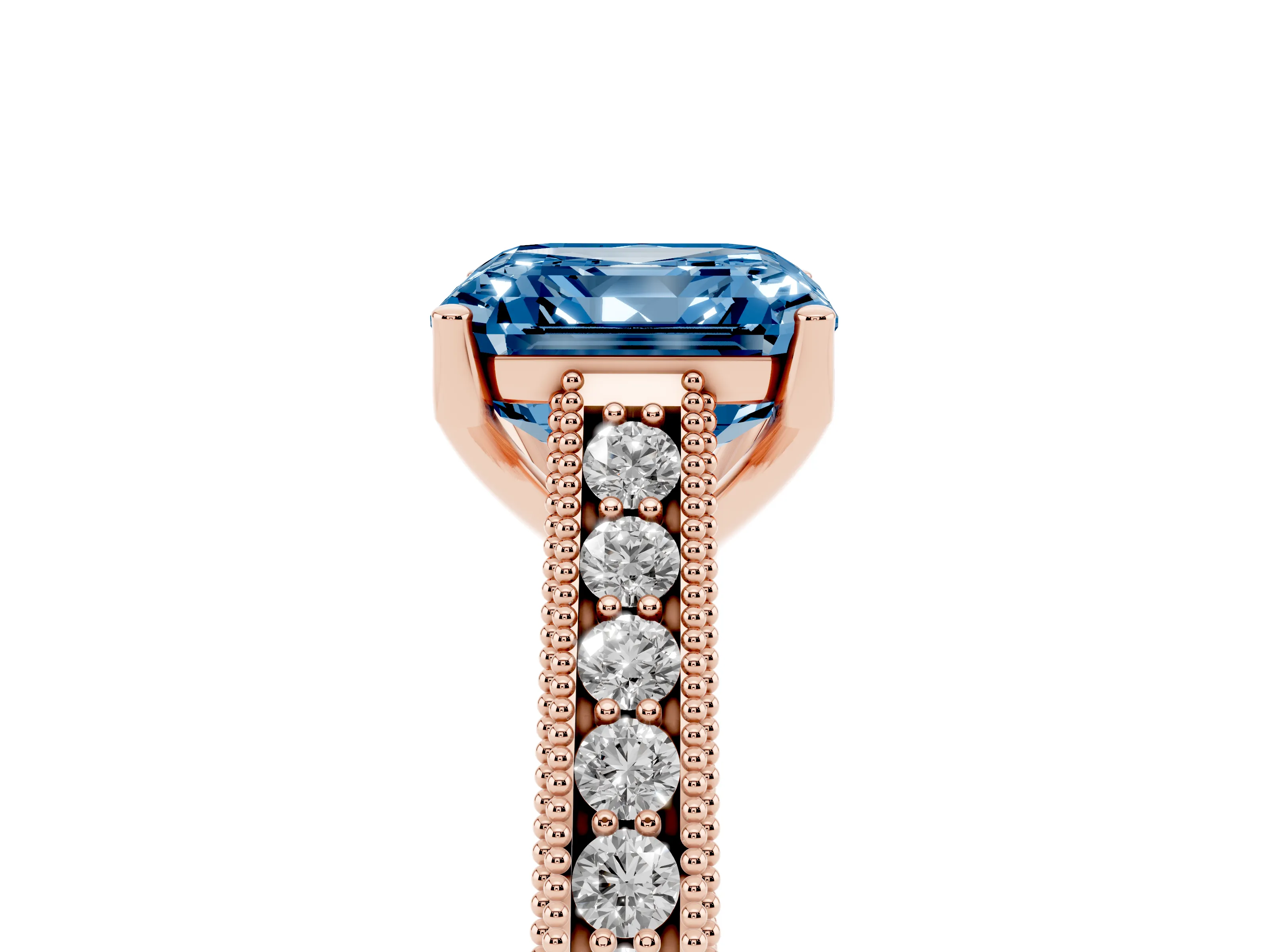 Fancy Blue Asscher Cut Diamond Milgrain Pavé Band Solitaire Ring Set in Rose gold with Prong Setting