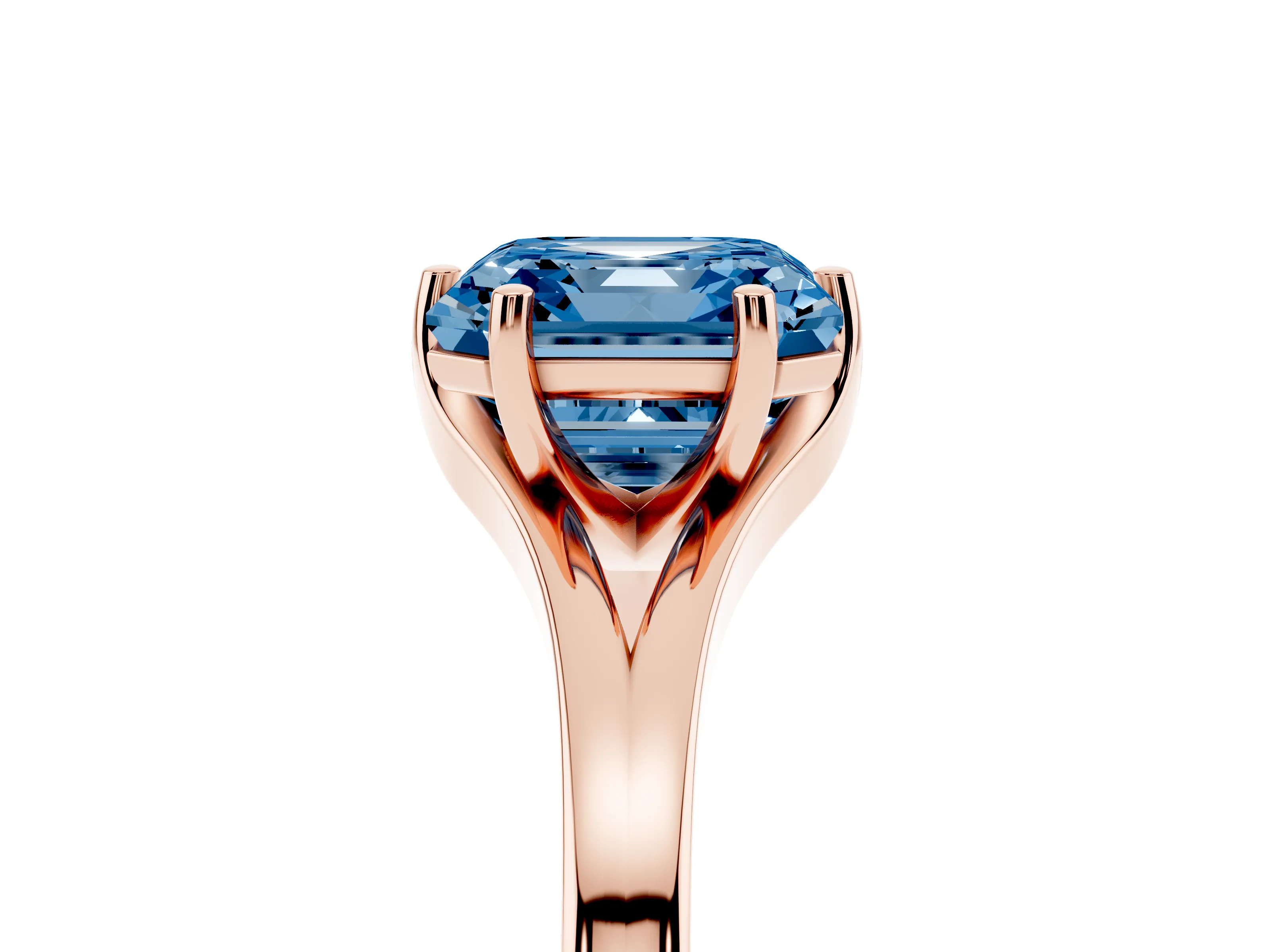 Fancy Blue Asscher Cut Diamond Solitaire Ring Set in Rose gold with Polished Tapered Band and Prong Setting
