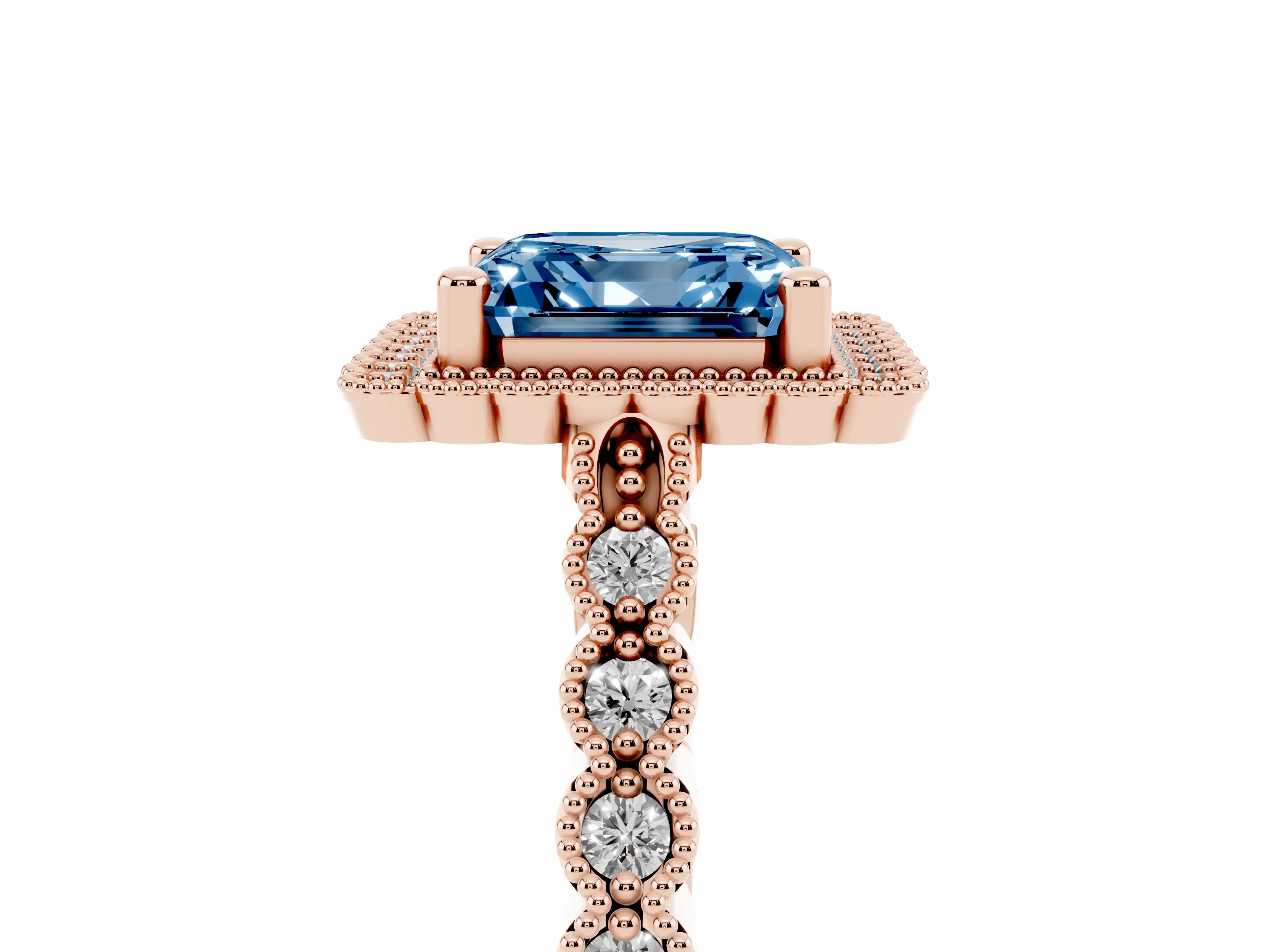 Fancy Blue Asscher Cut Diamond Halo Ring Set in Rose gold with Pavé Milgrain Band