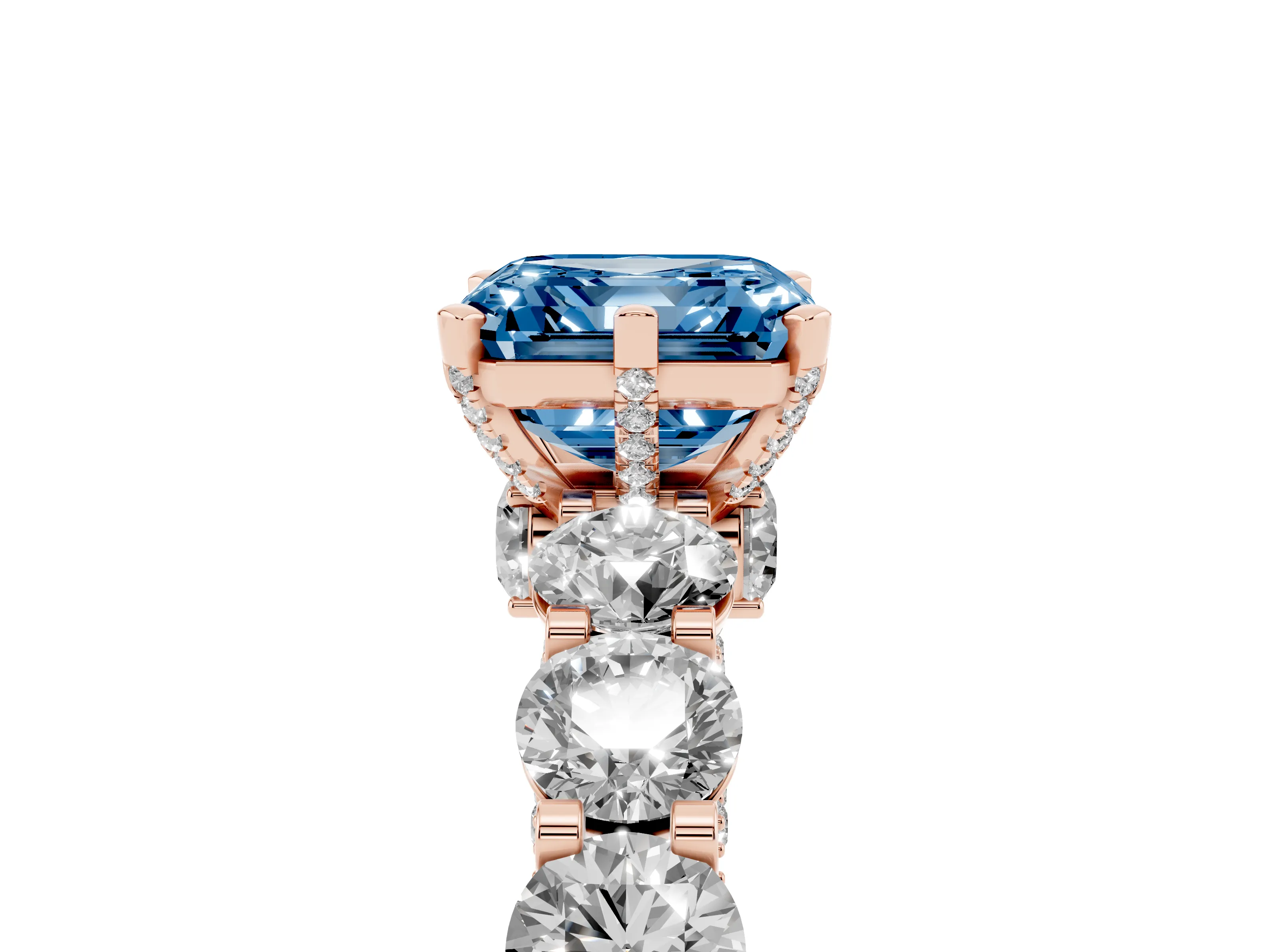 Fancy Blue Asscher Cut Diamond Side Stone Ring Set in Rose gold with Alternating Round and Oval Side Stones