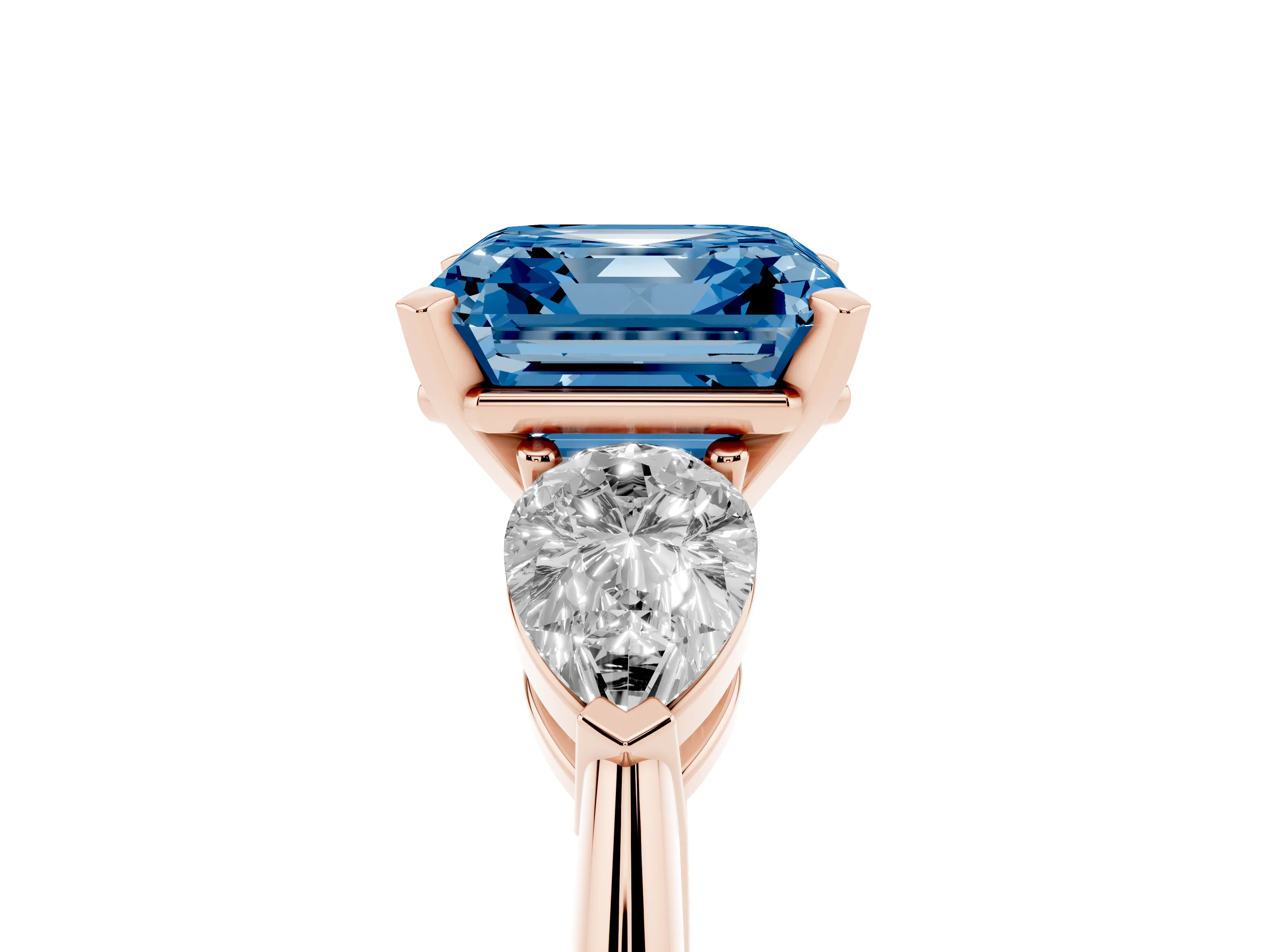 Fancy Blue Three-Stone Asscher Cut Diamond Ring Set in Rose gold with Pear Side Stones and Prong Setting
