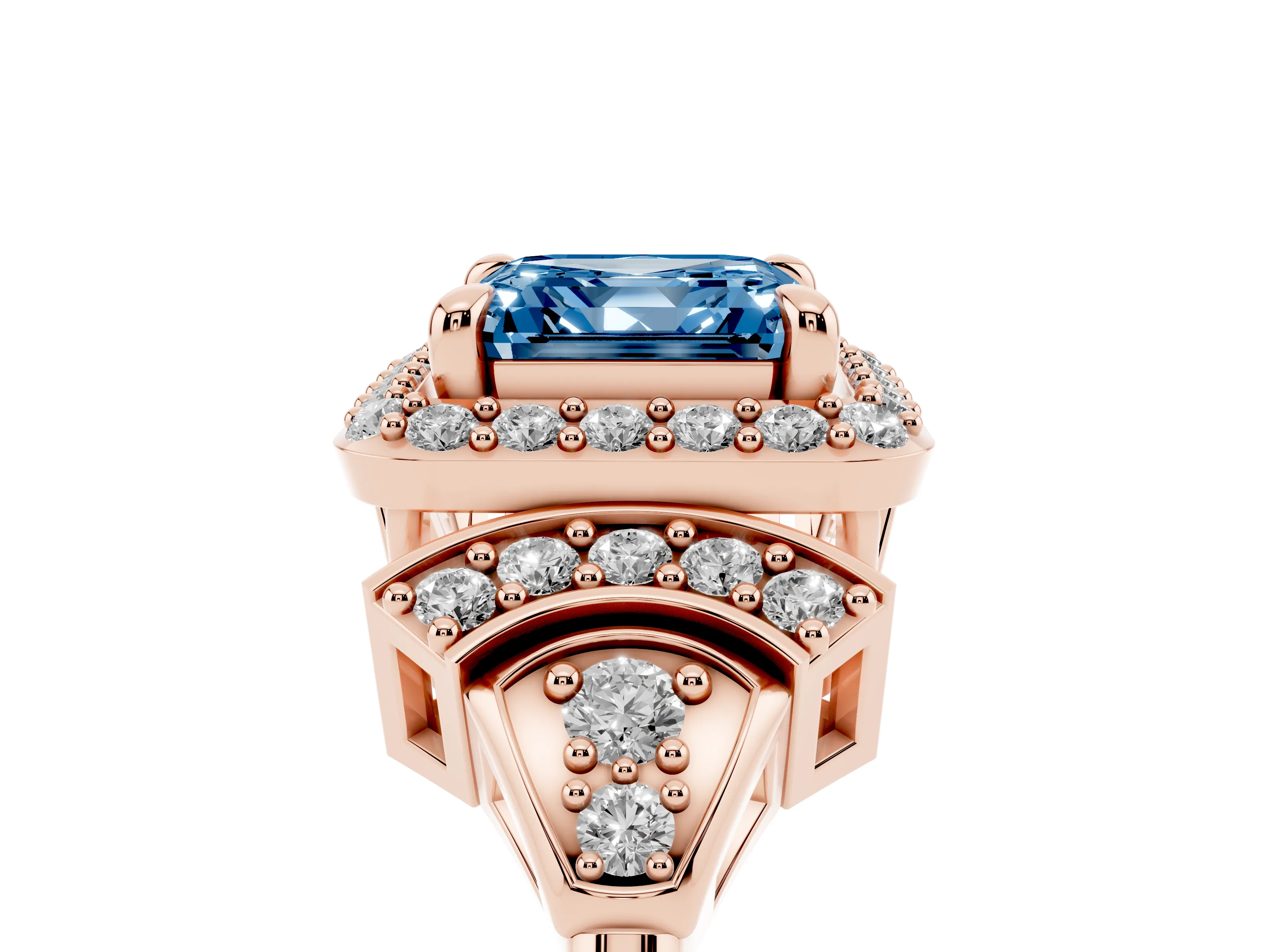 Fancy Blue Asscher Cut Diamond Halo Engagement Ring Set in Rose gold with Accent Stone Split Shank