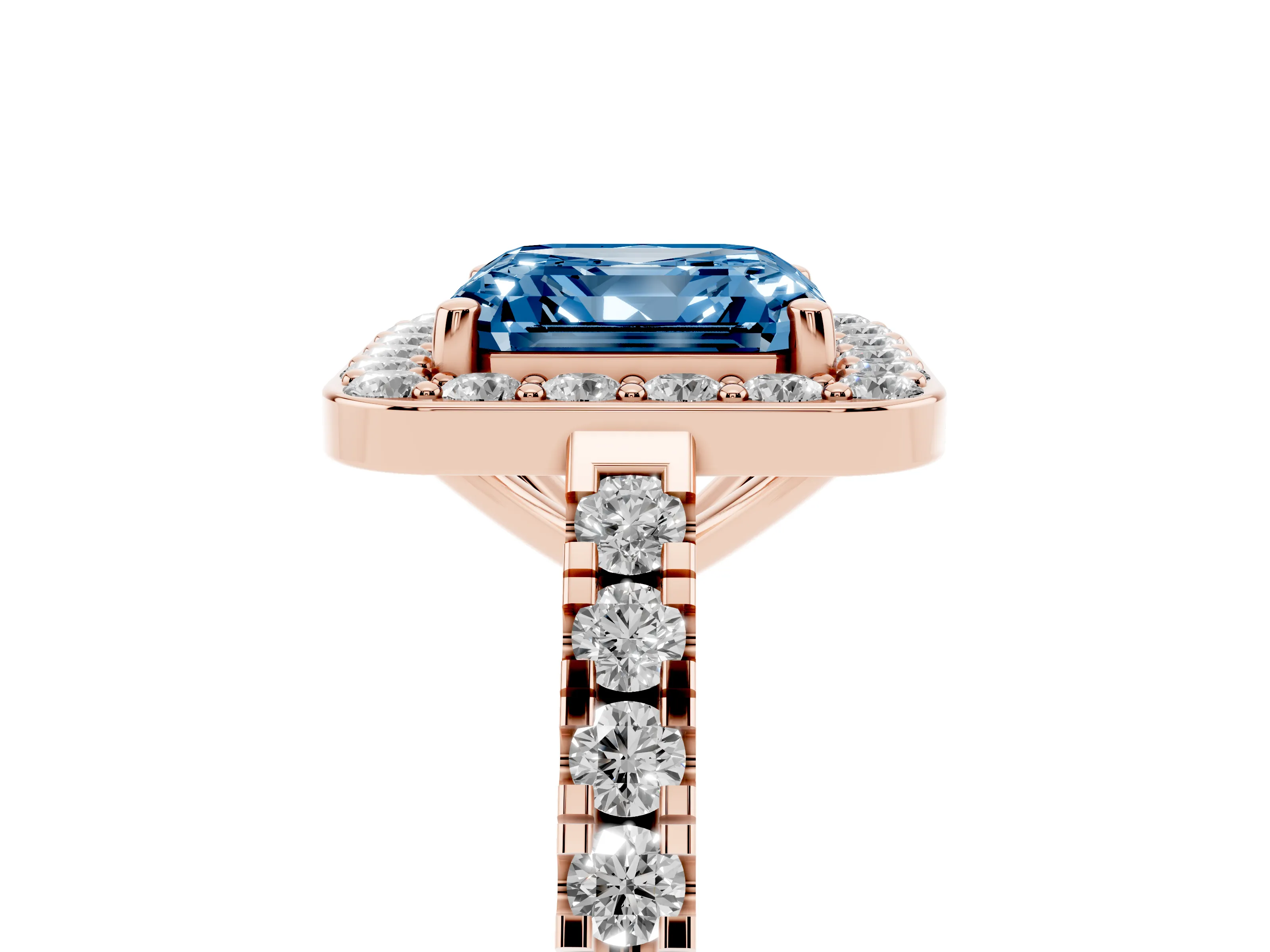 Fancy Blue Asscher Cut Diamond Halo Ring Set in Rose gold with Round Pavé Split Shank and Prong Setting