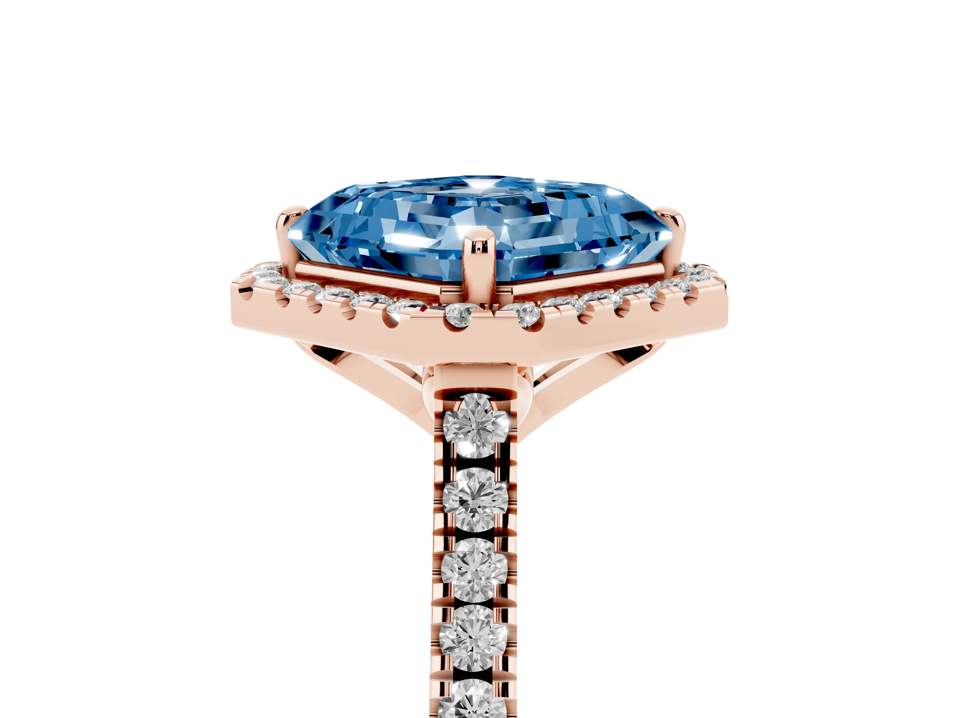 Fancy Blue Asscher Cut Diamond Cushion Halo Ring Set in Rose gold with Pavé Band