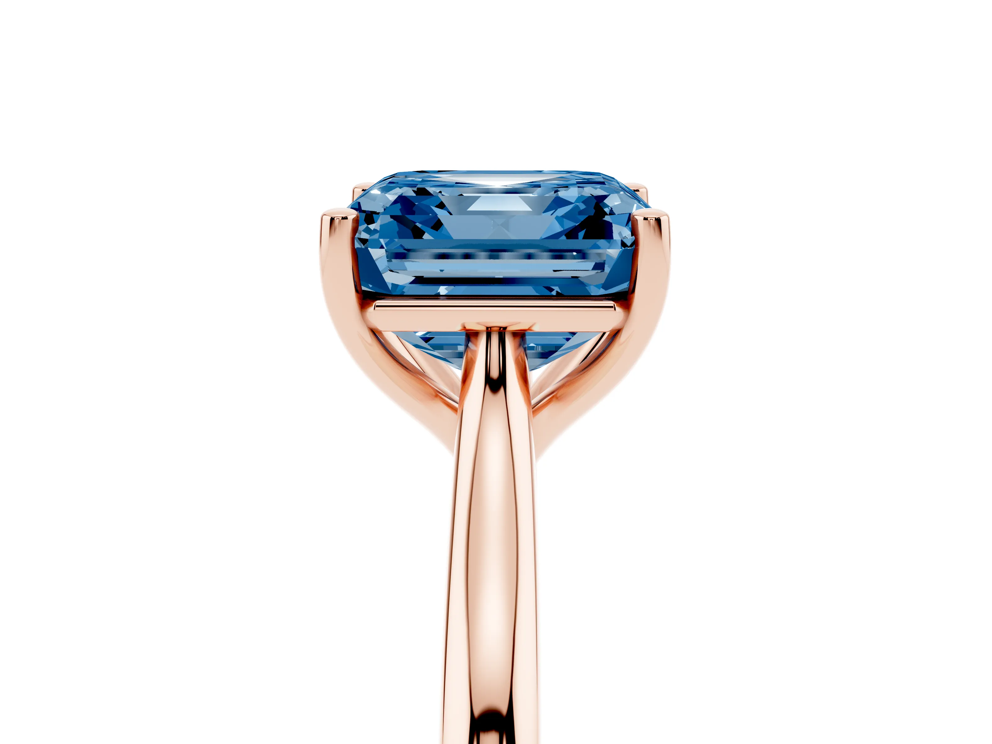 Fancy Blue Asscher Cut Diamond Solitaire Ring Set in Rose gold with Cathedral Band and Prong Setting
