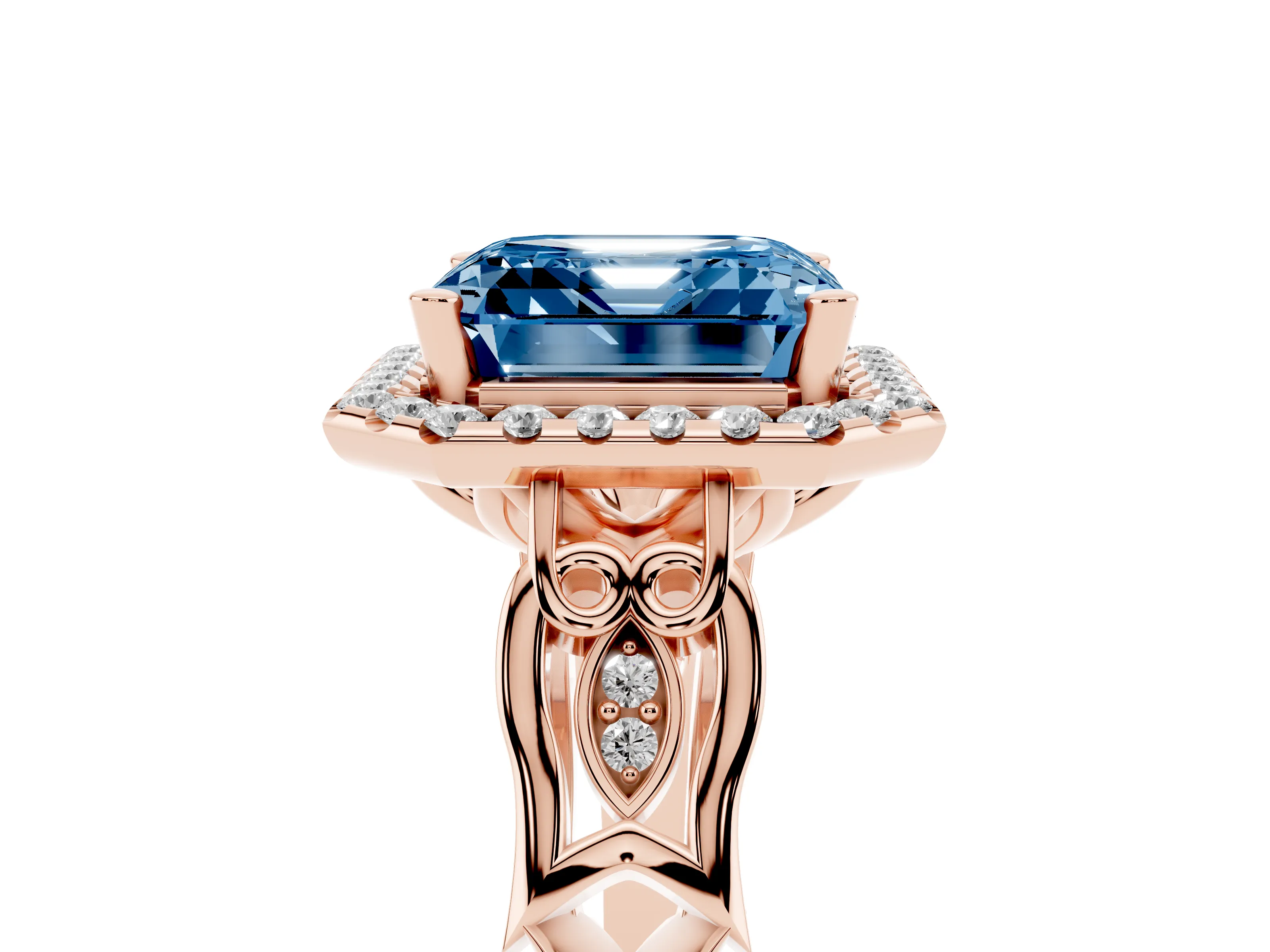 Fancy Blue Asscher Cut Diamond Halo Engagement Ring Set in Rose gold with Filigree Band and Prong-Set Center
