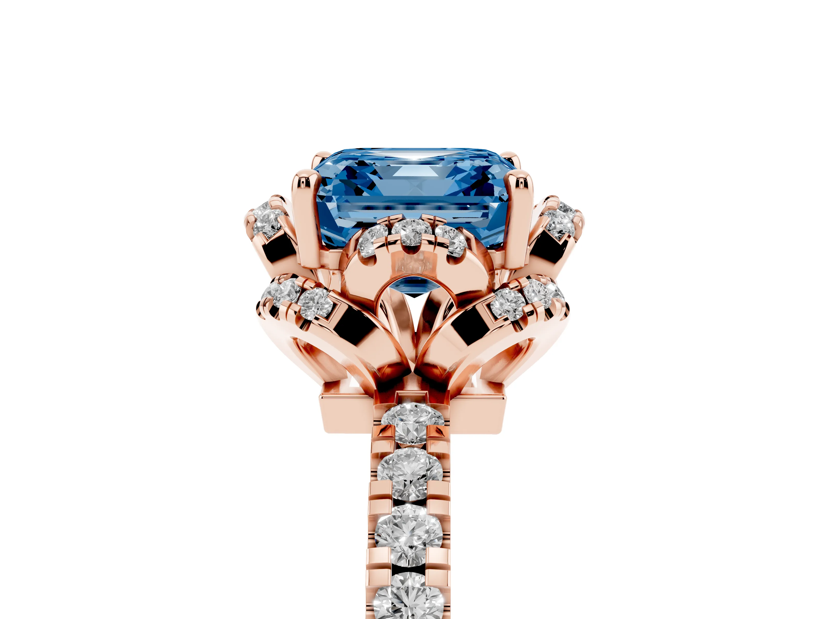 Fancy Blue Asscher Cut Diamond Halo Pavé Band Ring Set in Rose gold with Prong-Held Center