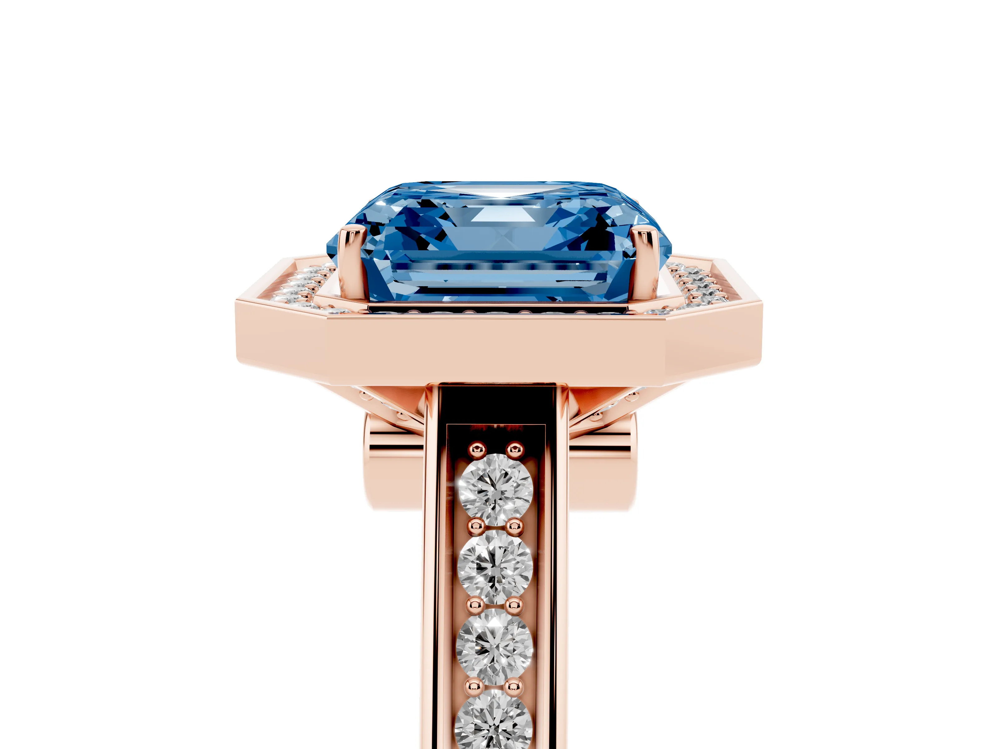 Fancy Blue Asscher Cut Diamond Halo Solitaire Ring Set in Rose gold with Pavé Band and Bezel Setting