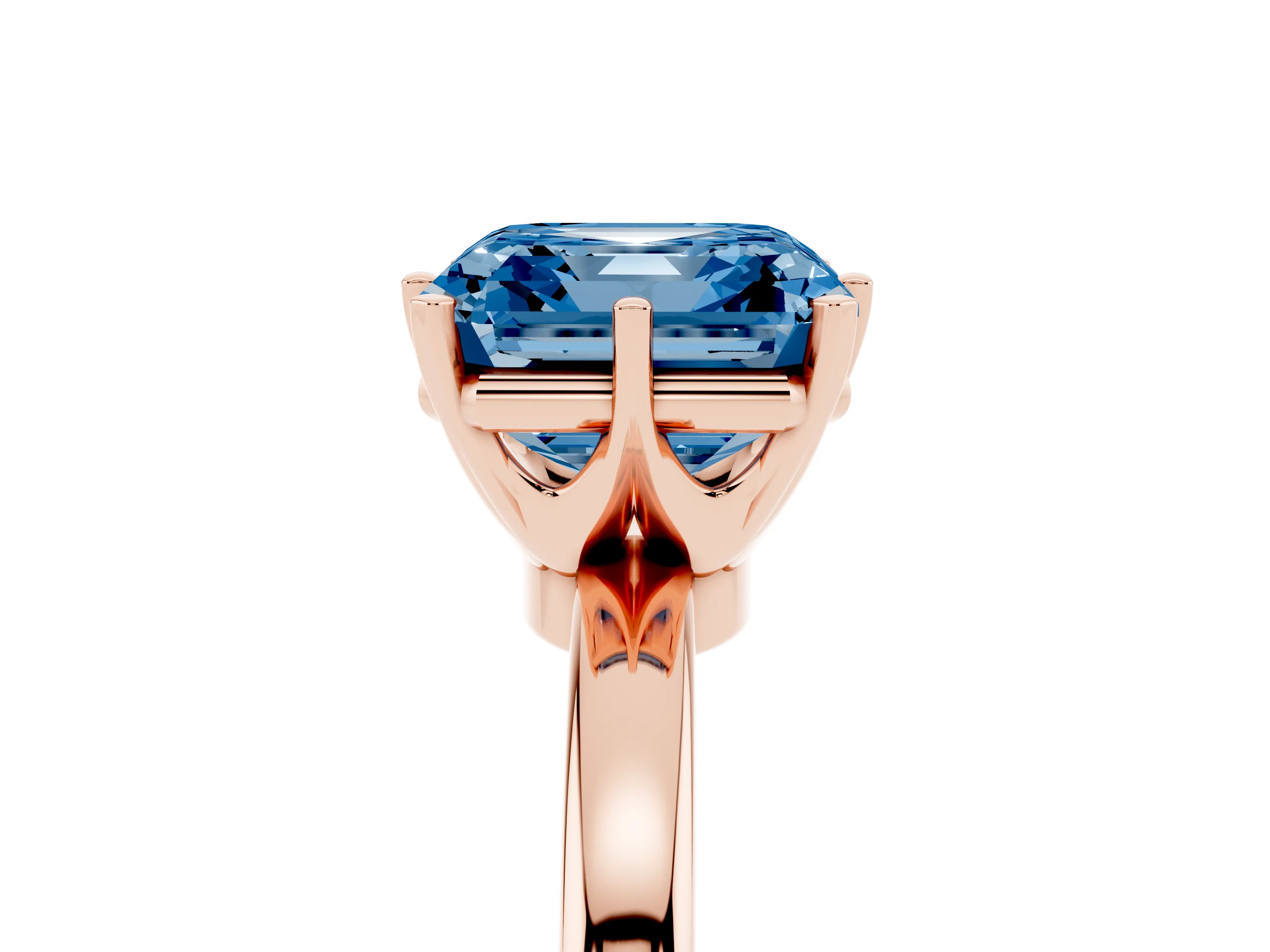 Fancy Blue Asscher Cut Diamond Solitaire Ring Set in Rose gold with Raised Prong Setting on a Classic Band