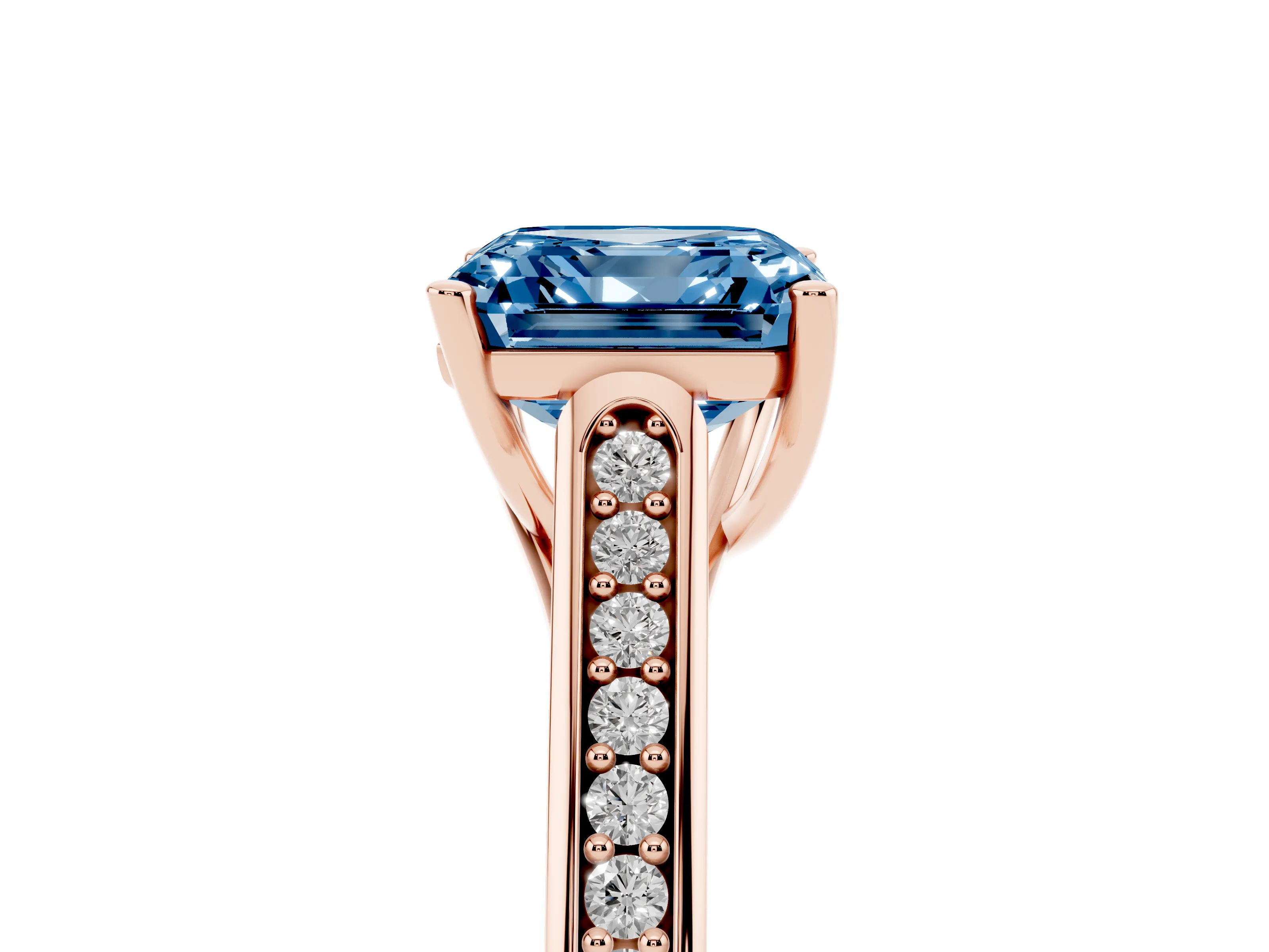 Fancy Blue Asscher Cut Diamond Solitaire Cathedral Engagement Ring Set in Rose gold with Channel-Set Band and Prong Setting