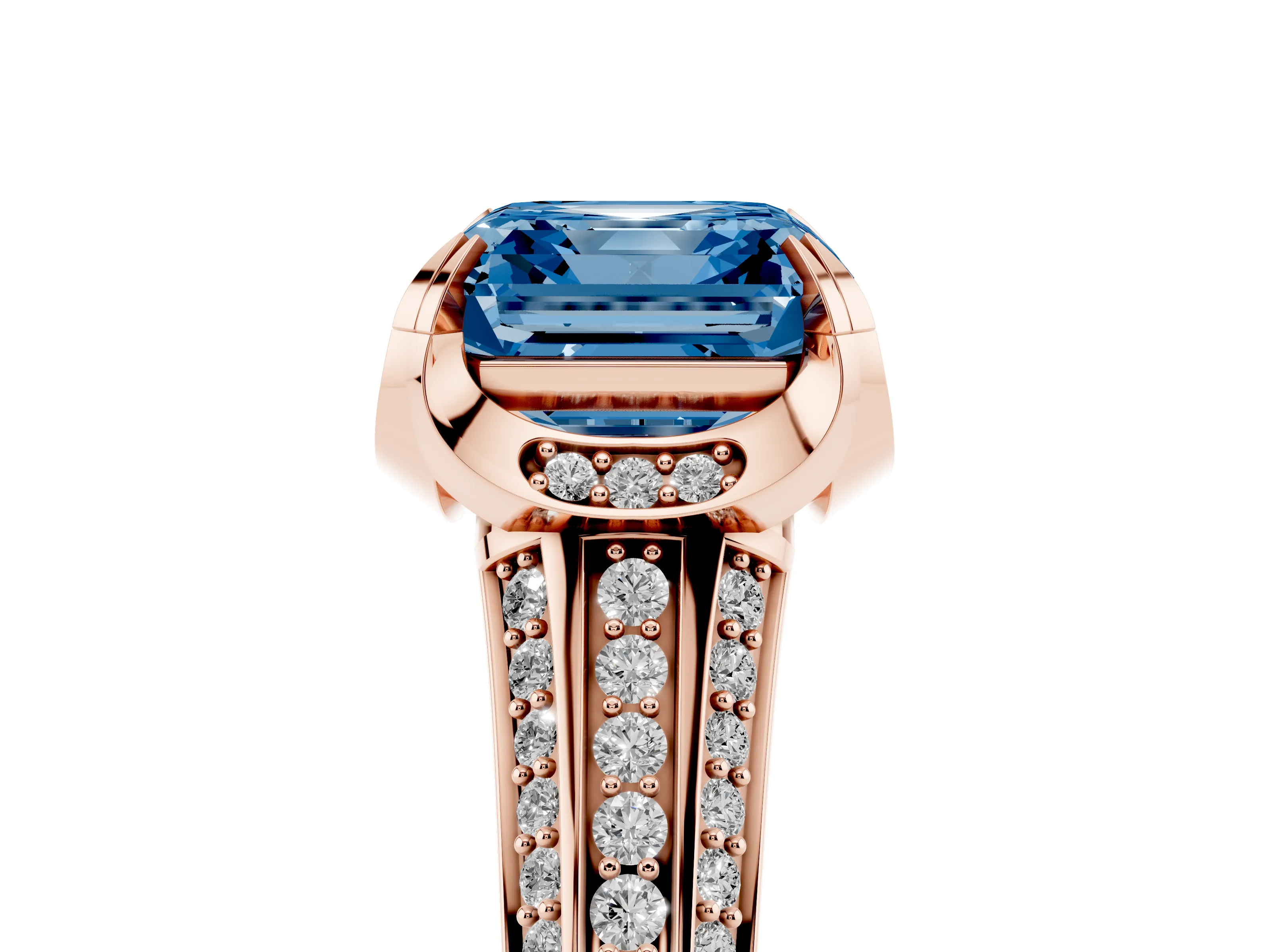 Fancy Blue Asscher Cut Diamond Pavé Split Shank Solitaire Ring Set in Rose gold with Prong Setting