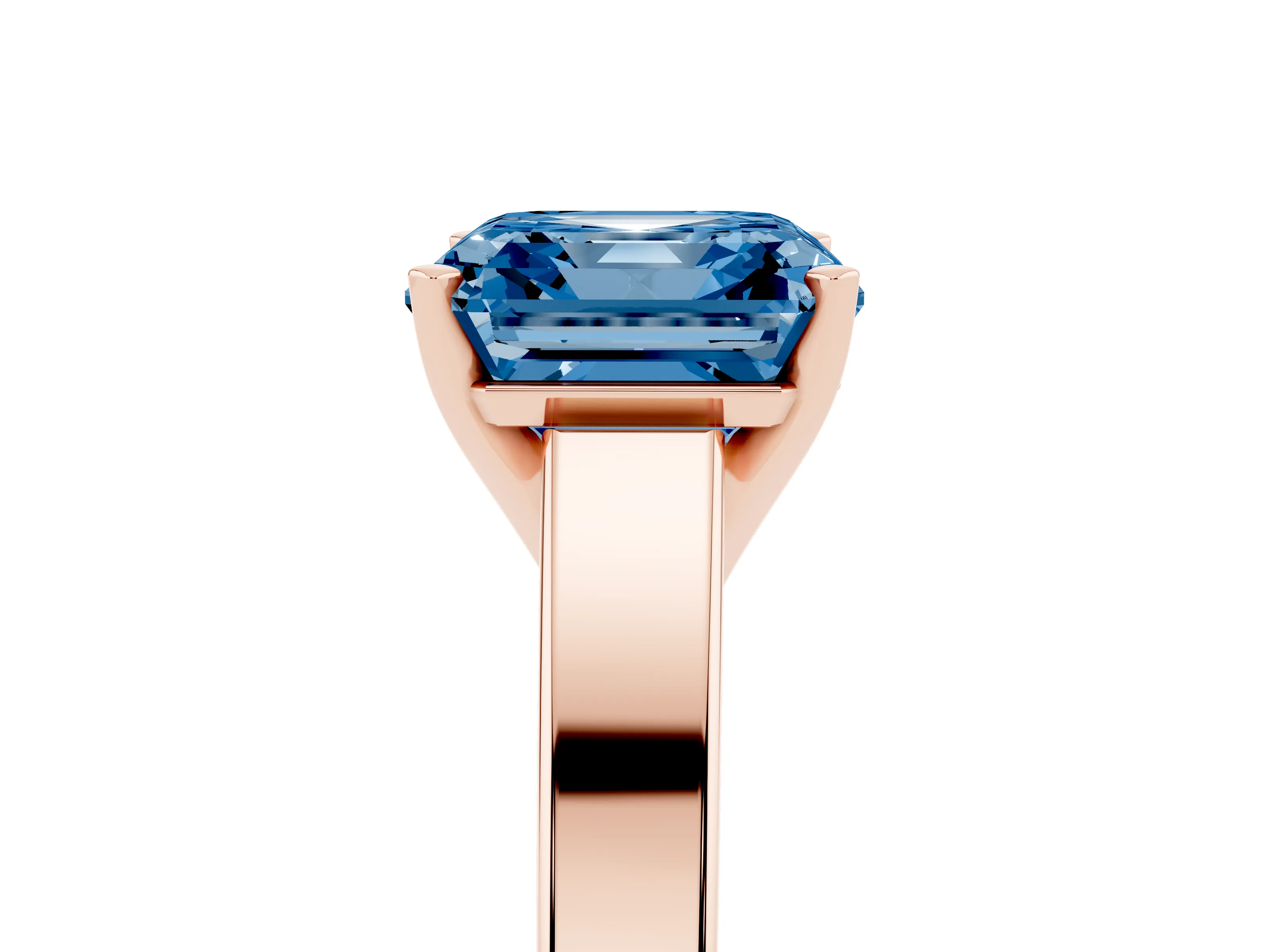 Fancy Blue Asscher Cut Diamond Solitaire Engagement Ring Set in Rose gold with Prong Setting and Tapered Band