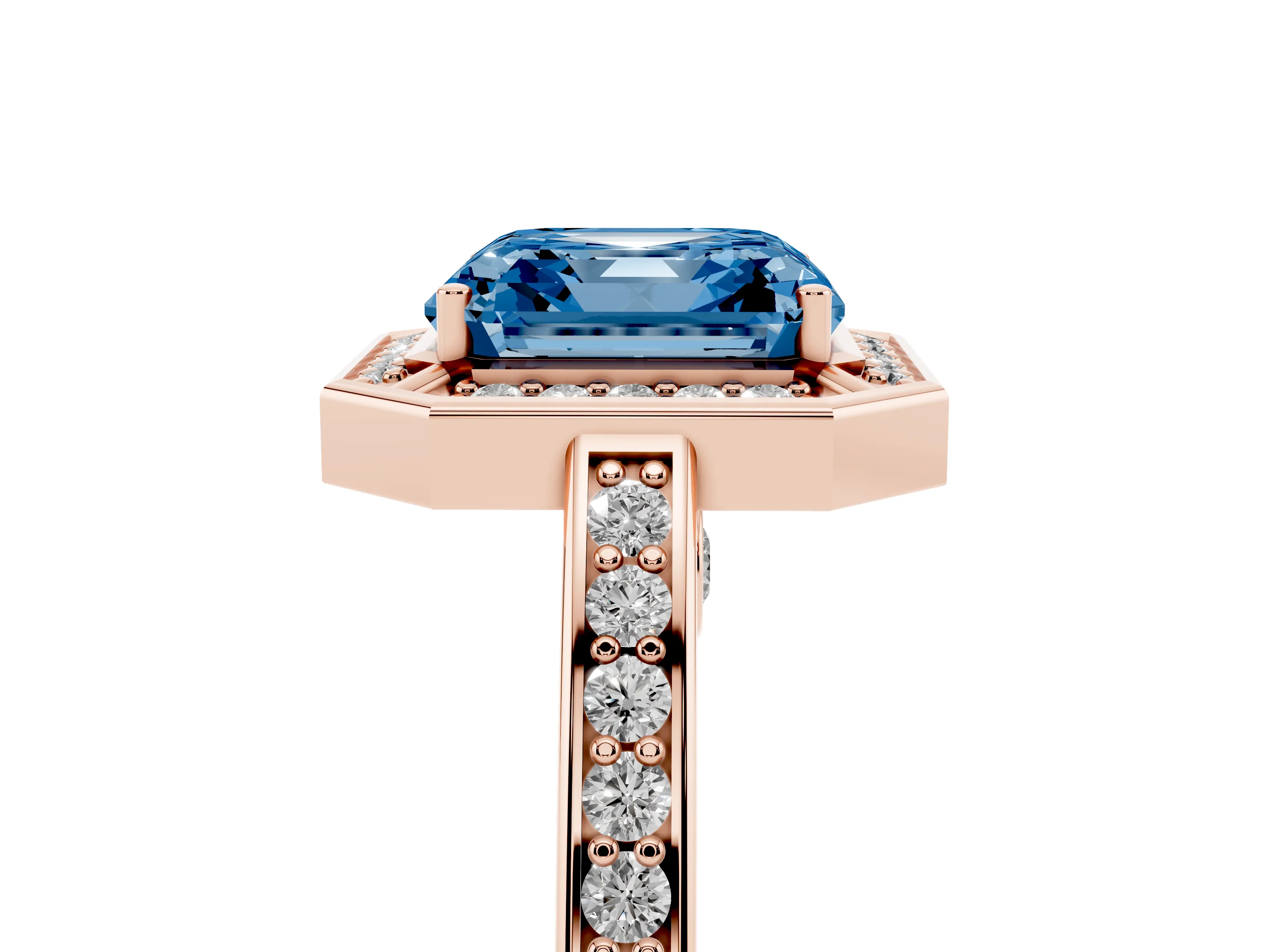 Fancy Blue Asscher Cut Diamond Halo Pavé Split Shank Ring Set in Rose gold with Prong Setting