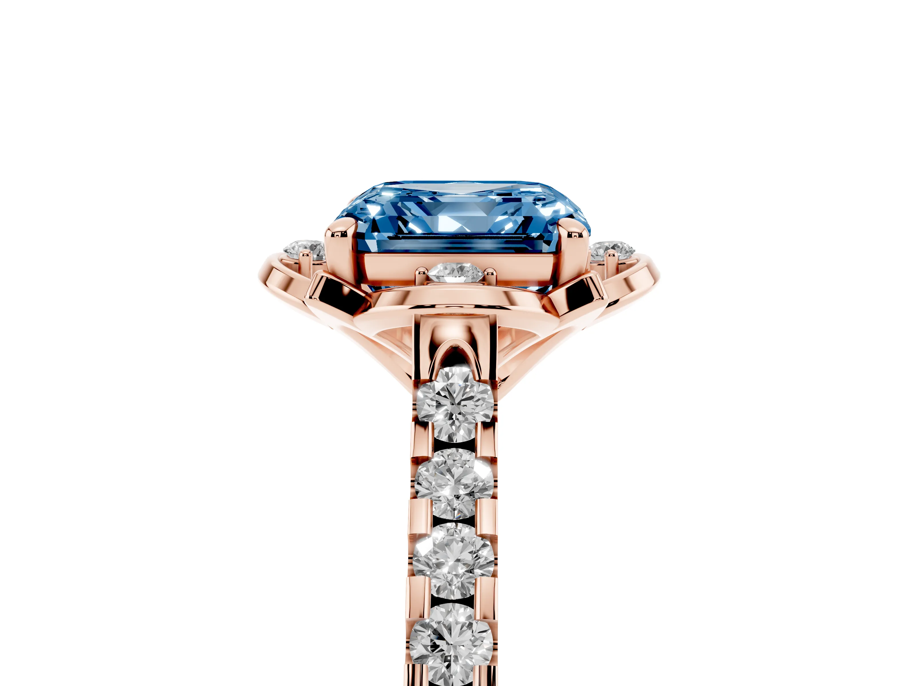 Fancy Blue Asscher Cut Diamond Solitaire Ring Set in Rose gold with Pavé Band and Floral Prong Setting