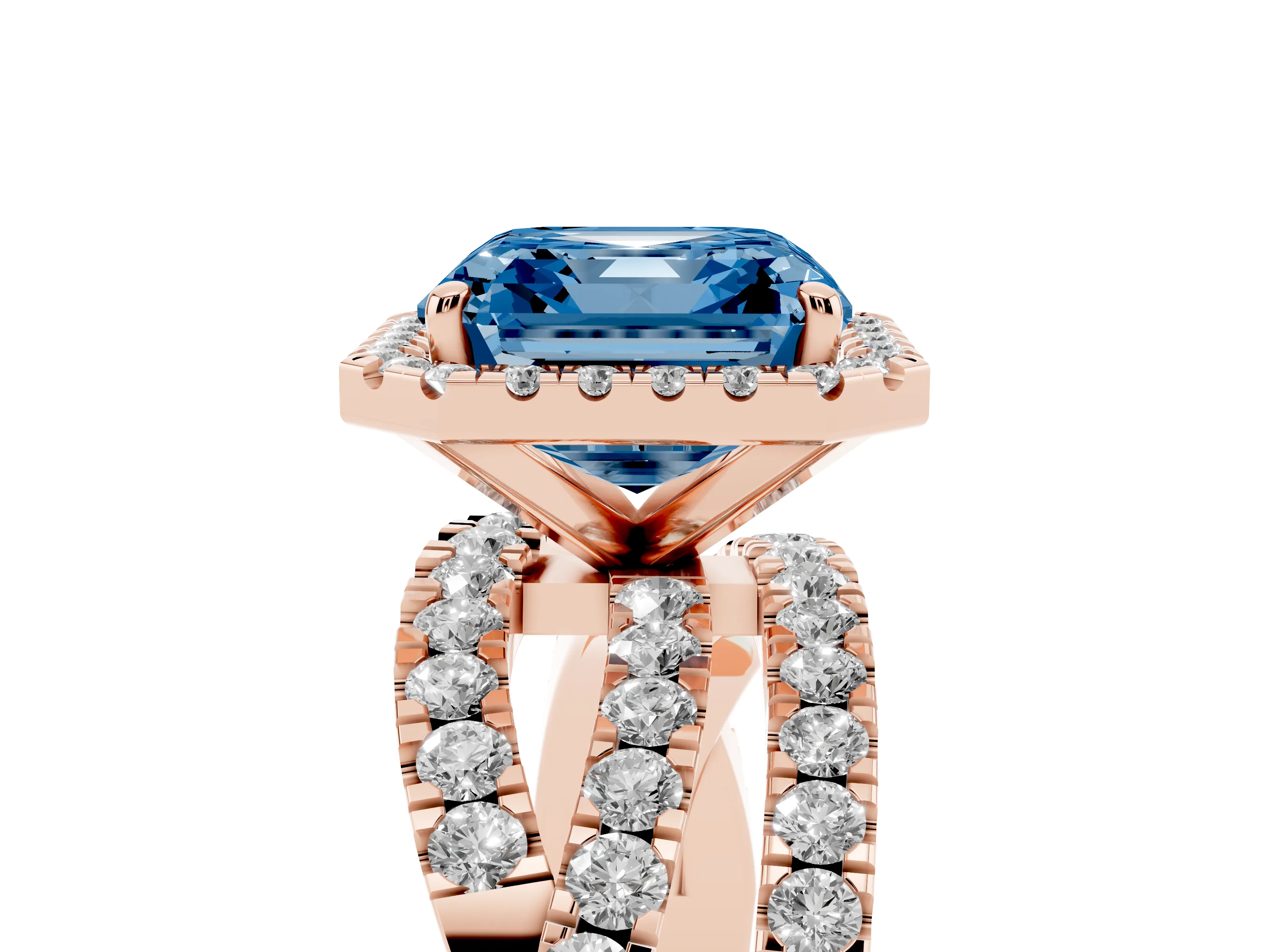 Fancy Blue Asscher Cut Diamond Halo Ring Set in Rose gold with Round Crossover Split Shank and Prong Setting