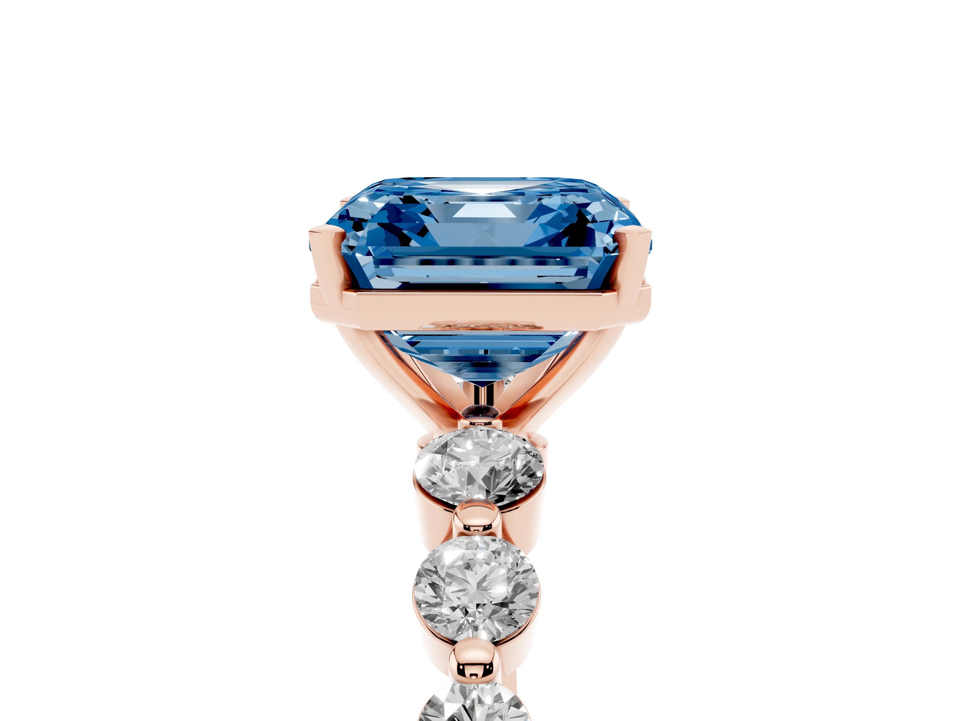 Fancy Blue Asscher Cut Diamond Solitaire Ring Set in Rose gold with Pavé Band and Prong Setting