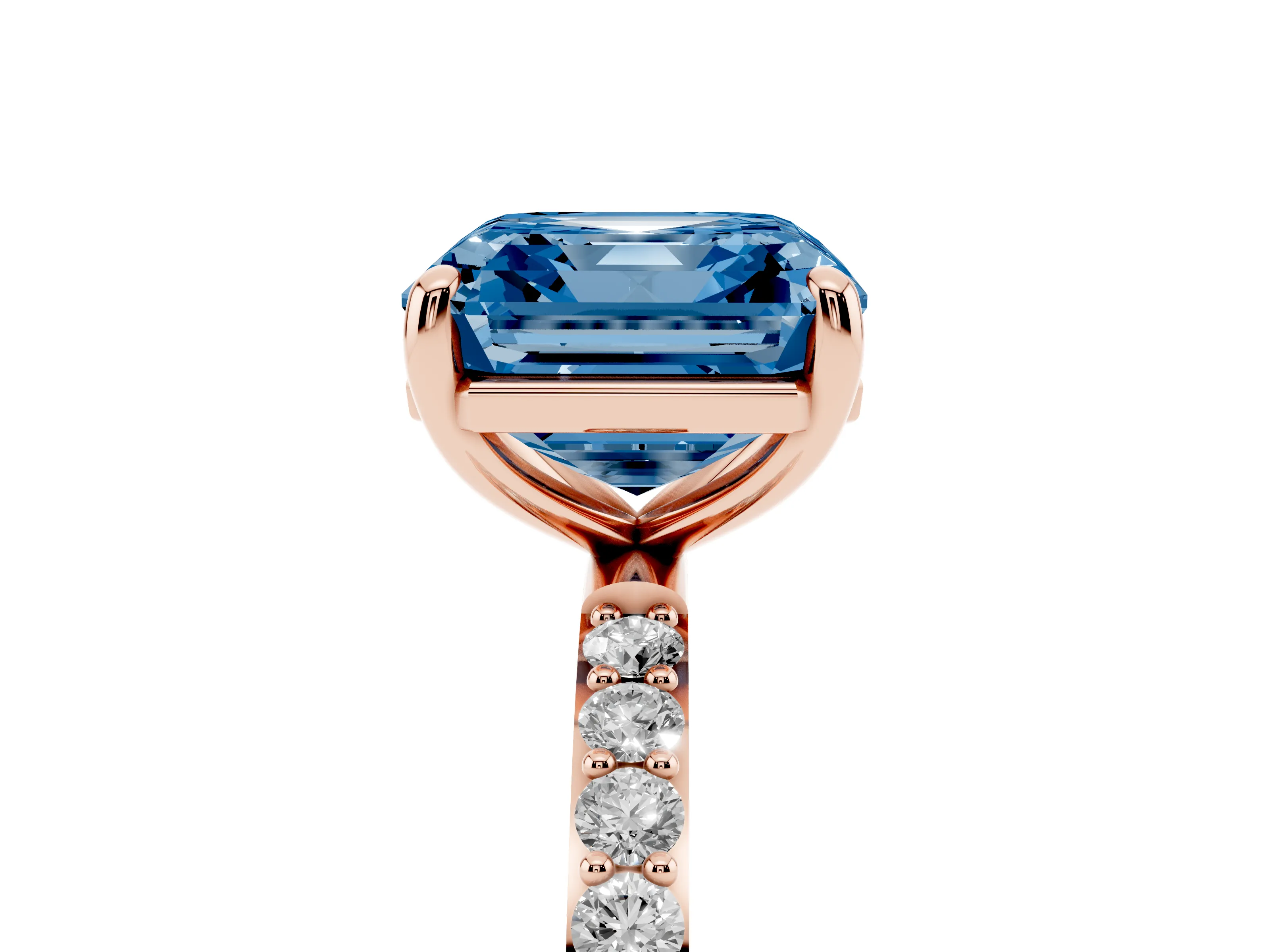 Fancy Blue Asscher Cut Diamond Solitaire Ring Set in Rose gold with Round Pavé Band and Prong Setting