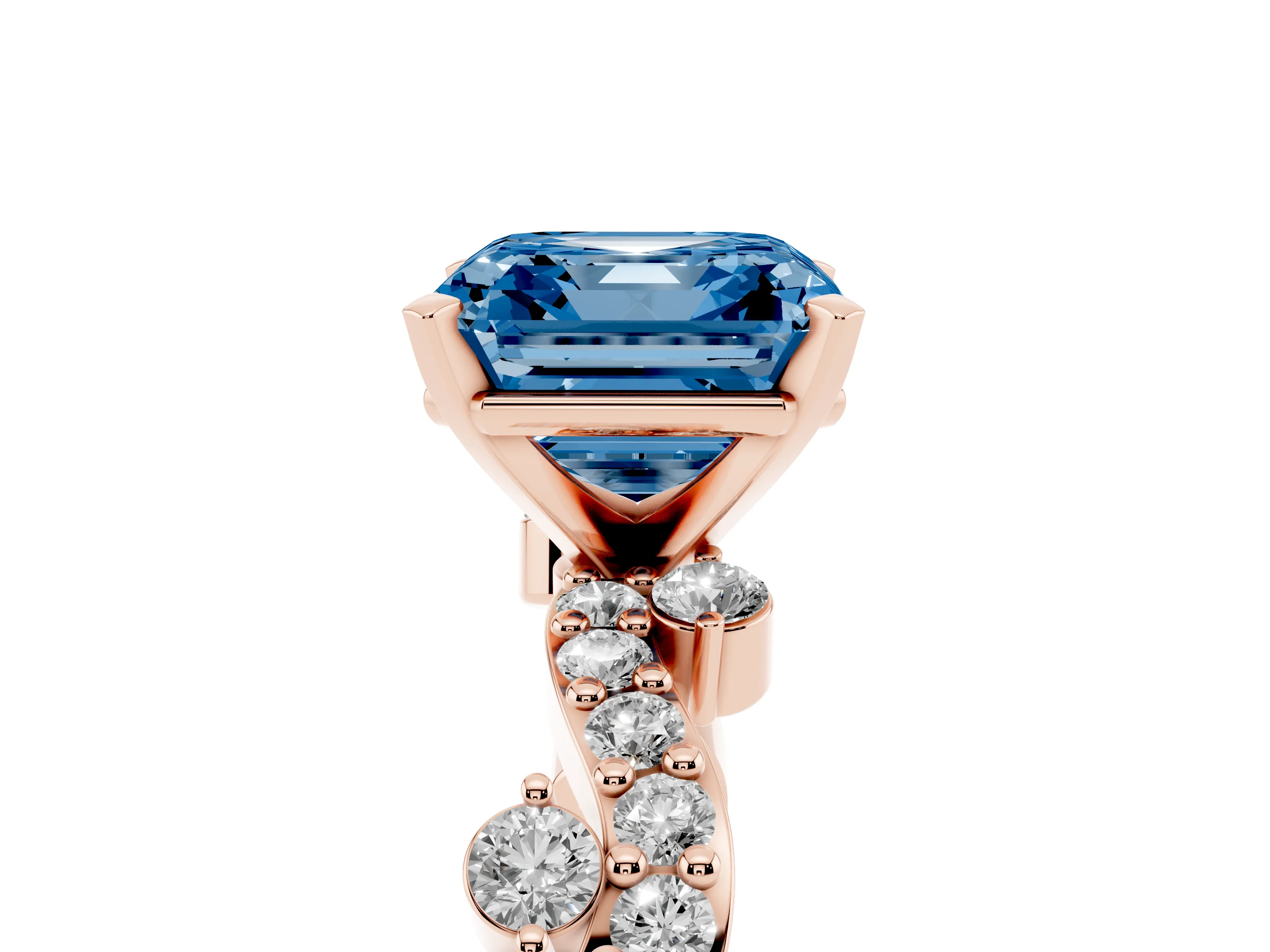 Fancy Blue Asscher Cut Diamond Solitaire Twisted Band Set in Rose gold with Pavé Setting