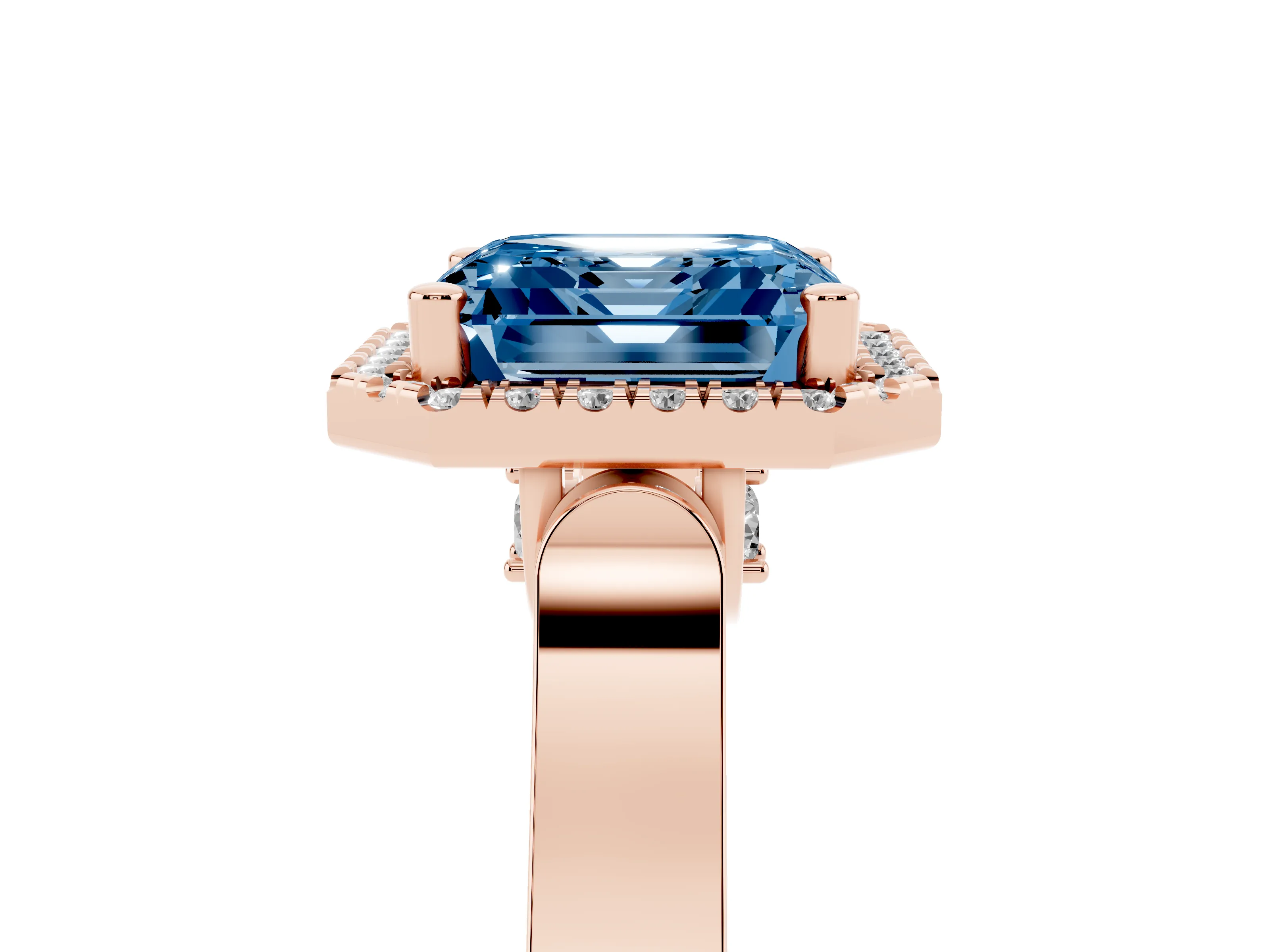 Fancy Blue Asscher Cut Diamond Halo Ring Set in Rose gold with Pavé-Lined Split Shank Band