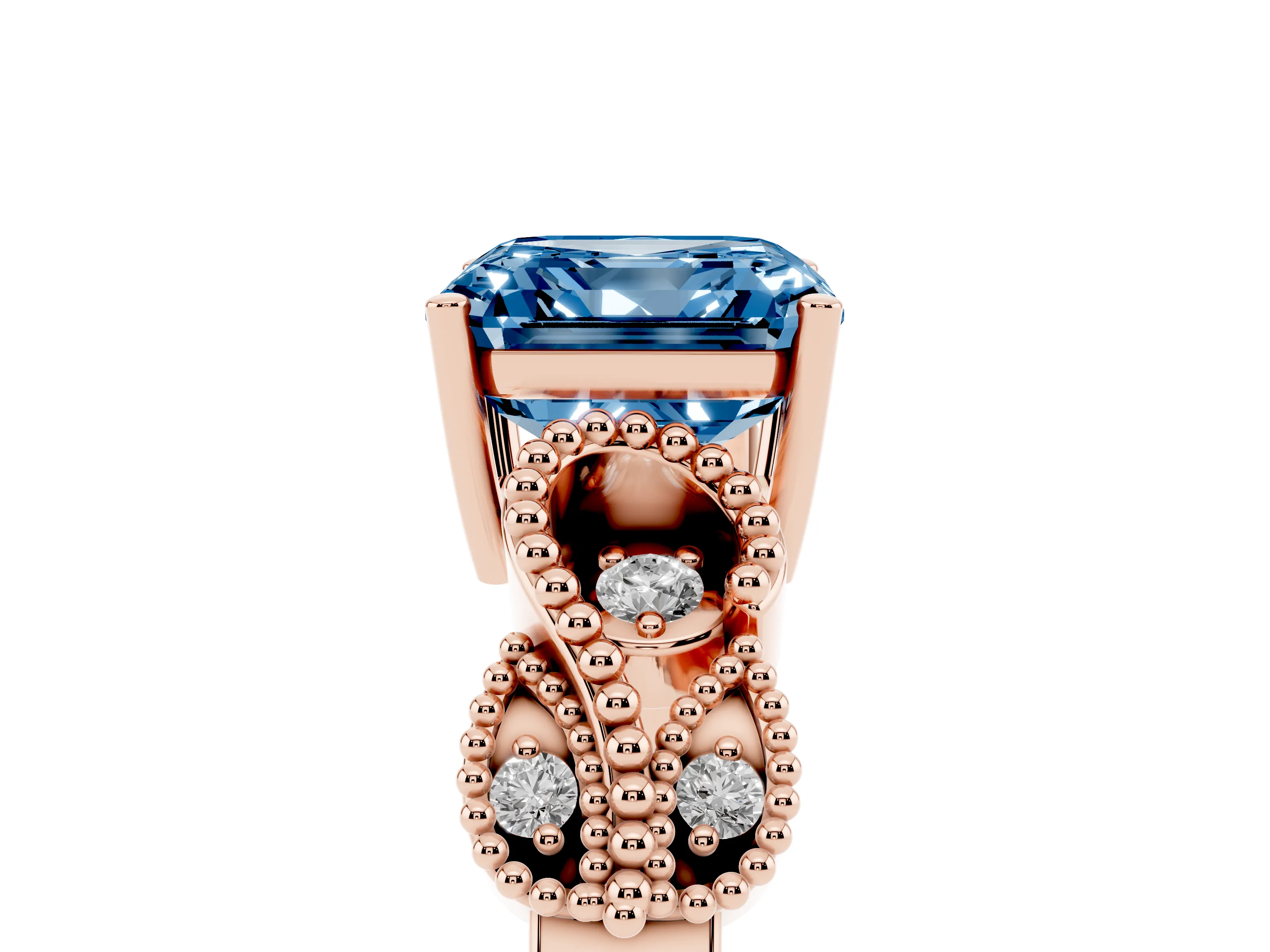 Fancy Blue Asscher Cut Diamond Milgrain Leaf Band Solitaire Ring Set in Rose gold with Accent Stones and Prong Setting