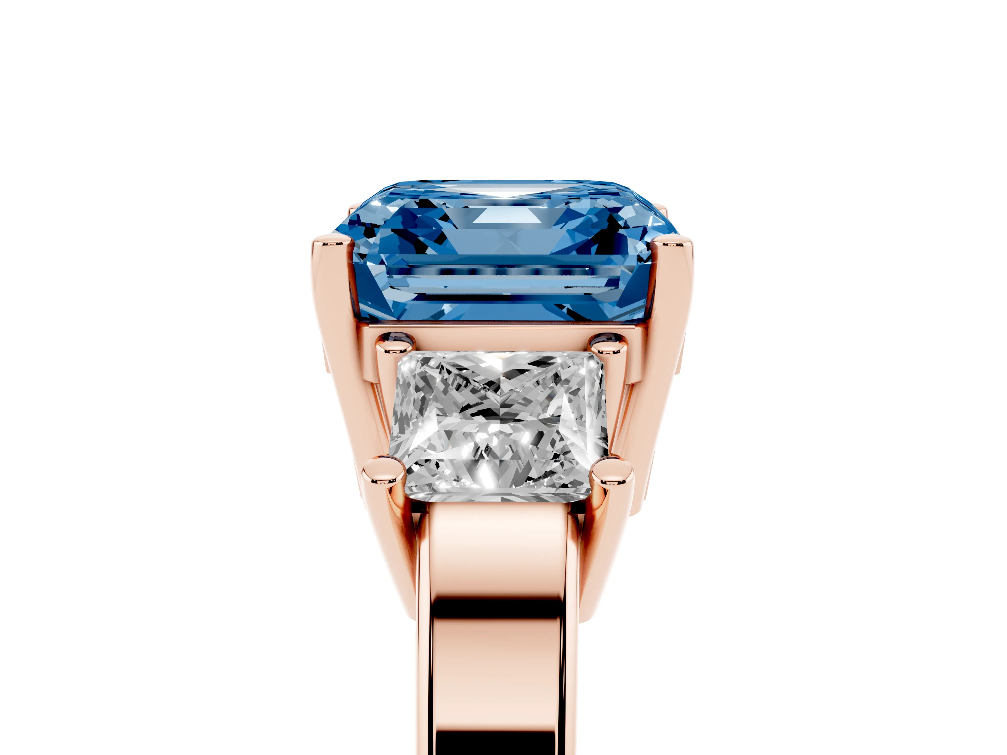 Fancy Blue Three-Stone Asscher Cut Diamond Solitaire Ring Set in Rose gold with Prong Setting